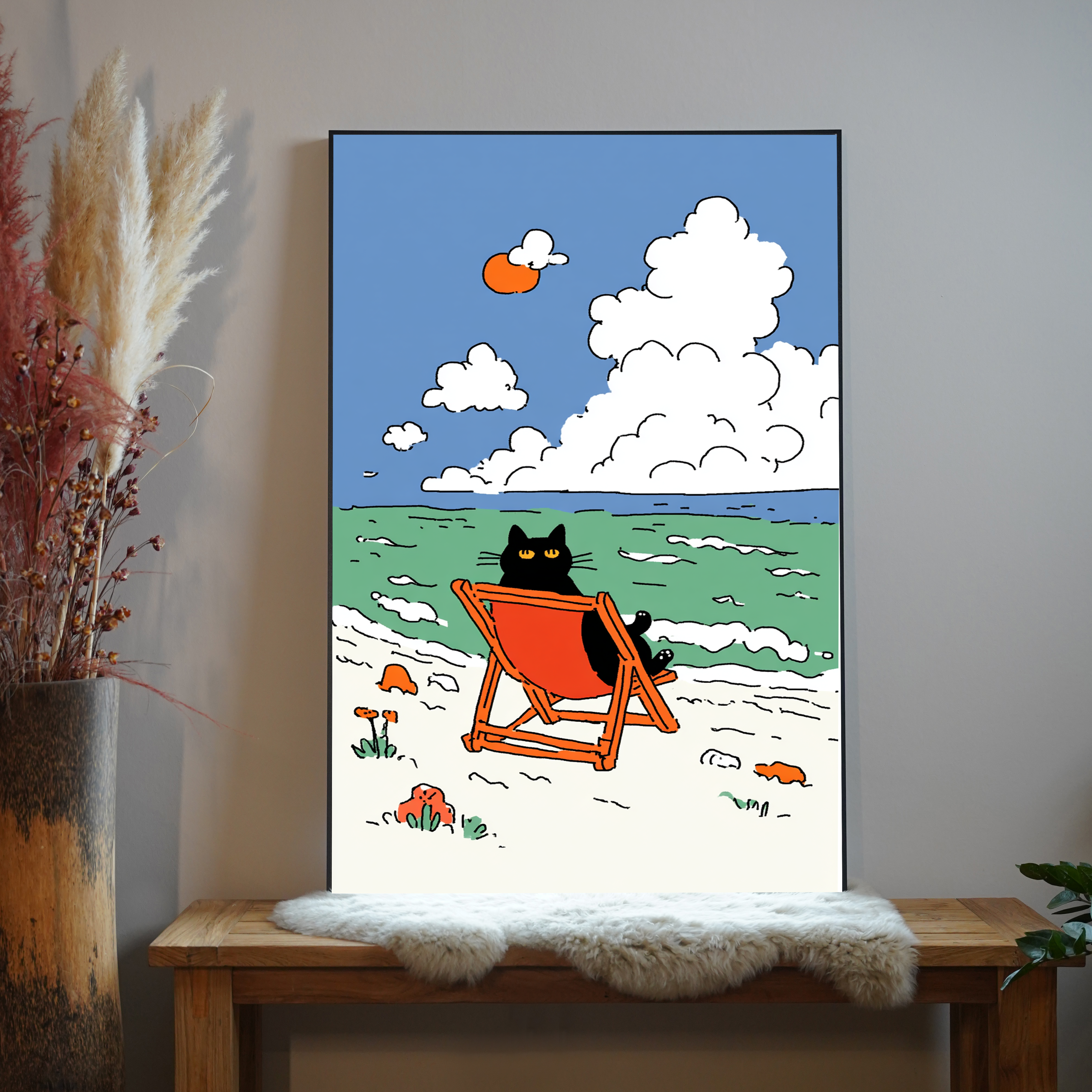 Katze am Strand Illustriert 2 | LED Bild
