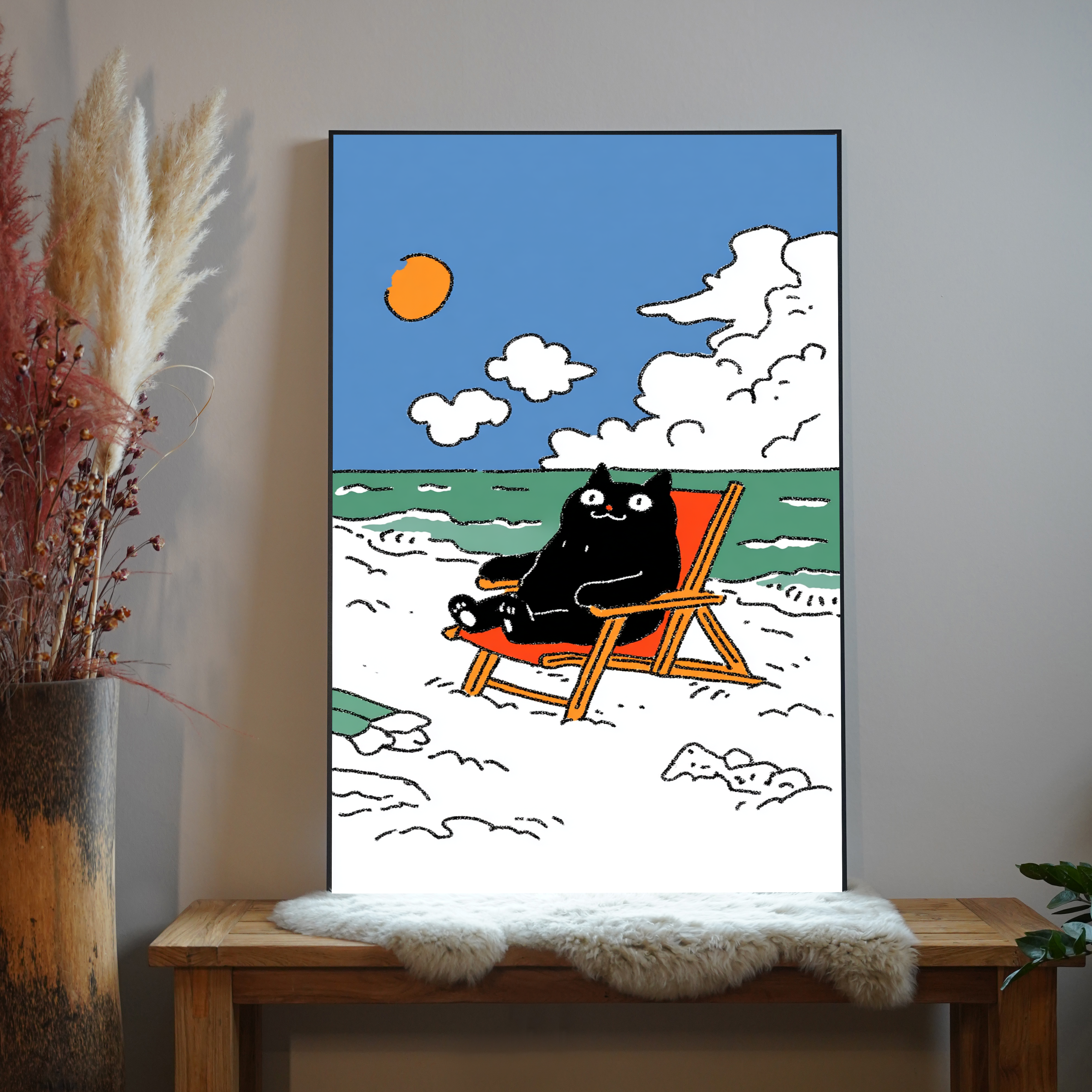 Katze am Strand Illustriert 1 | LED Bild