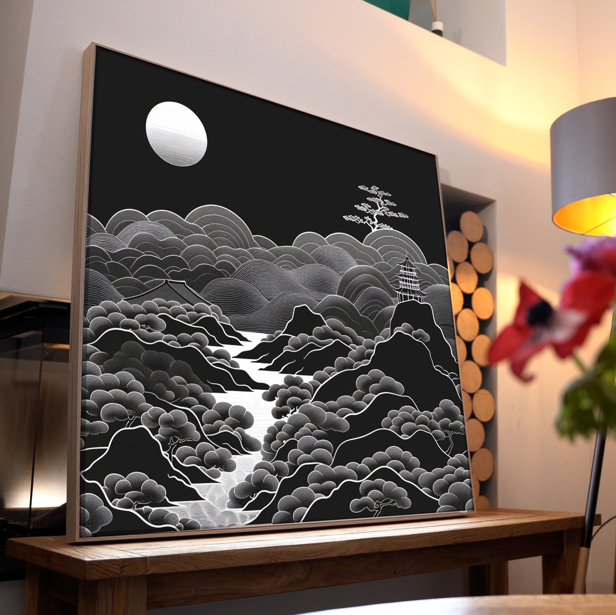 Asiatische Landschaft Schwarz 1 | LED Bild