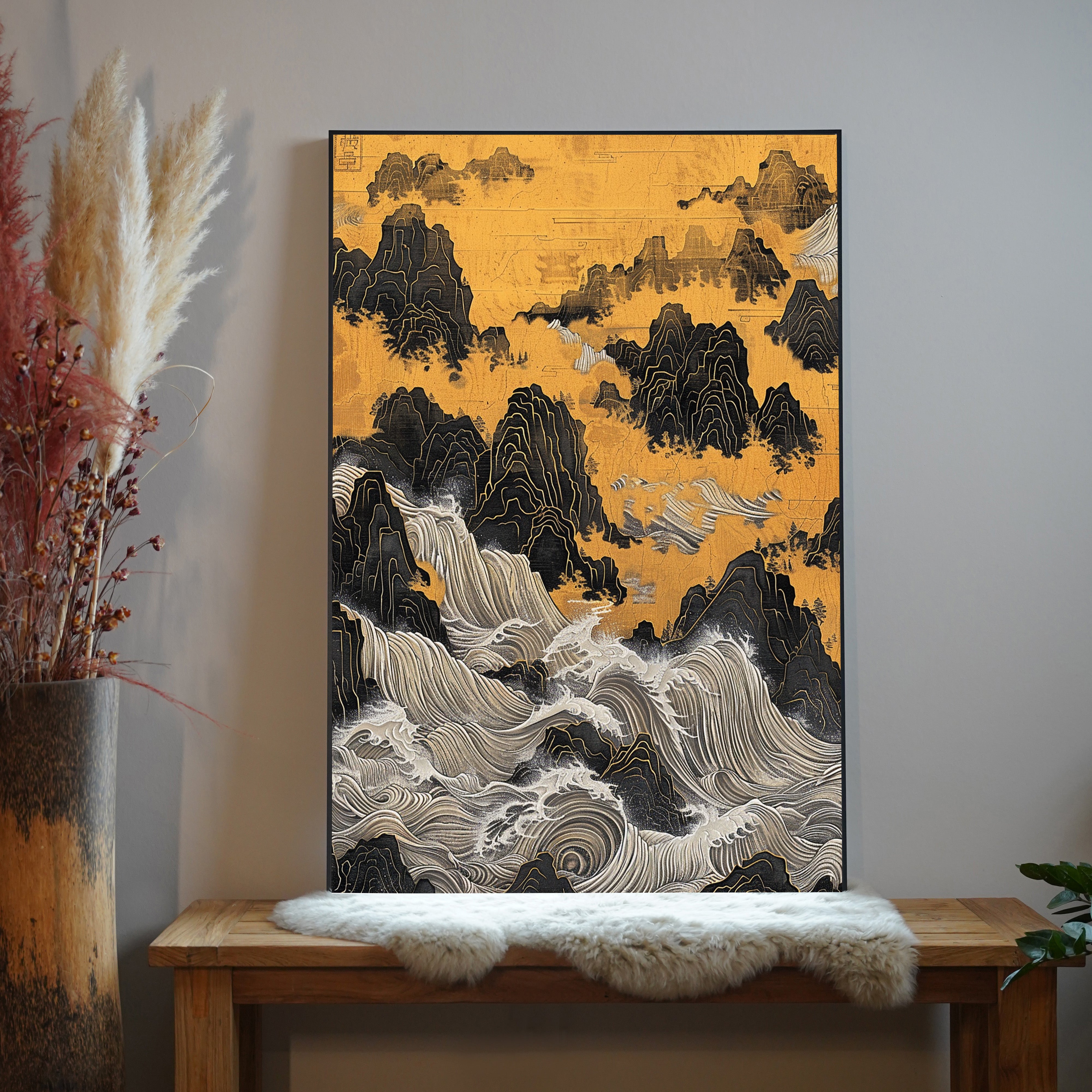 Asiatische Landschaft Gold 2 |LED Bild