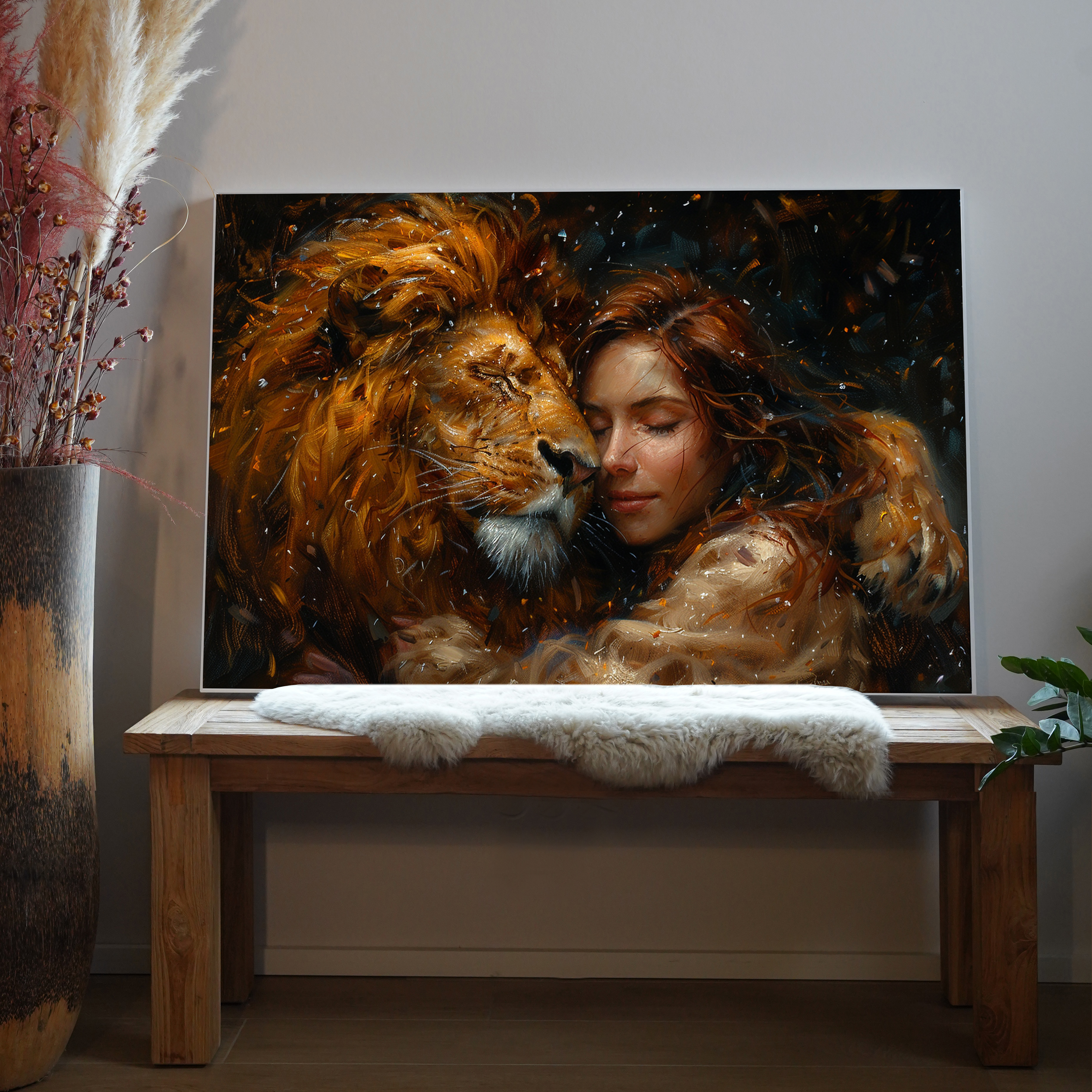 Löwe und Frau | LED Bild