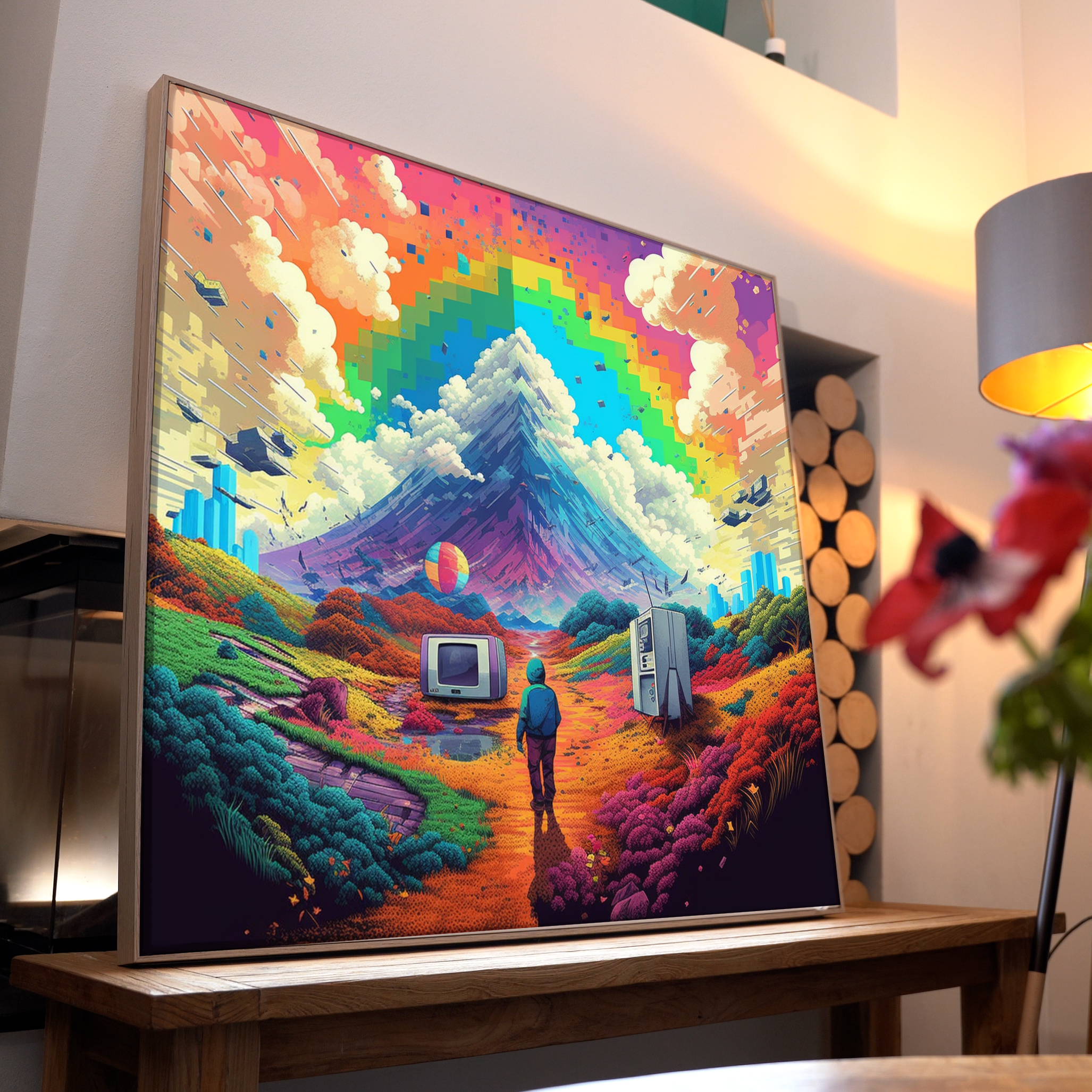 Bunte Retro Pixel Welt | LED Bild