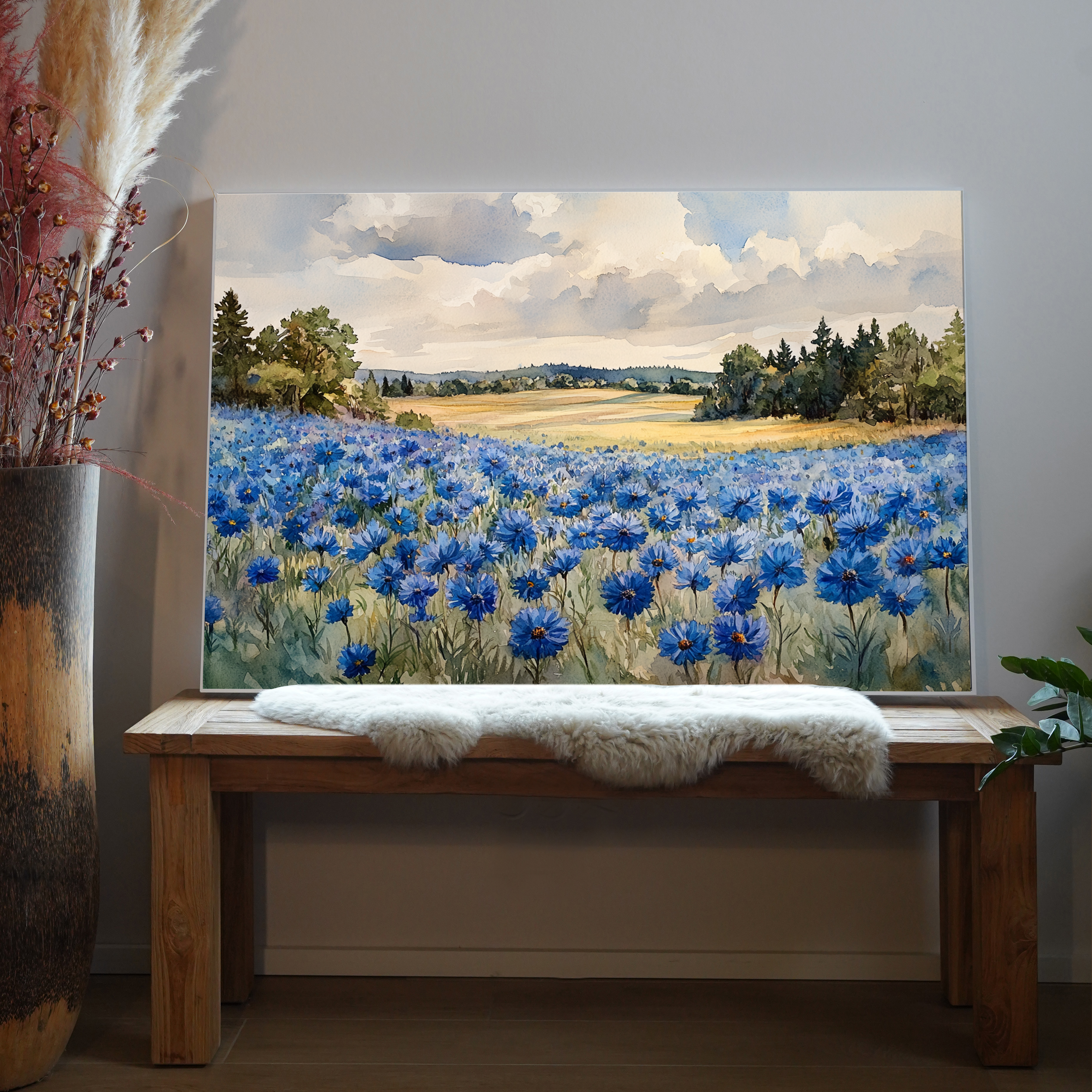 Blaue Blumenwiese Illustriert 3 | LED Bild