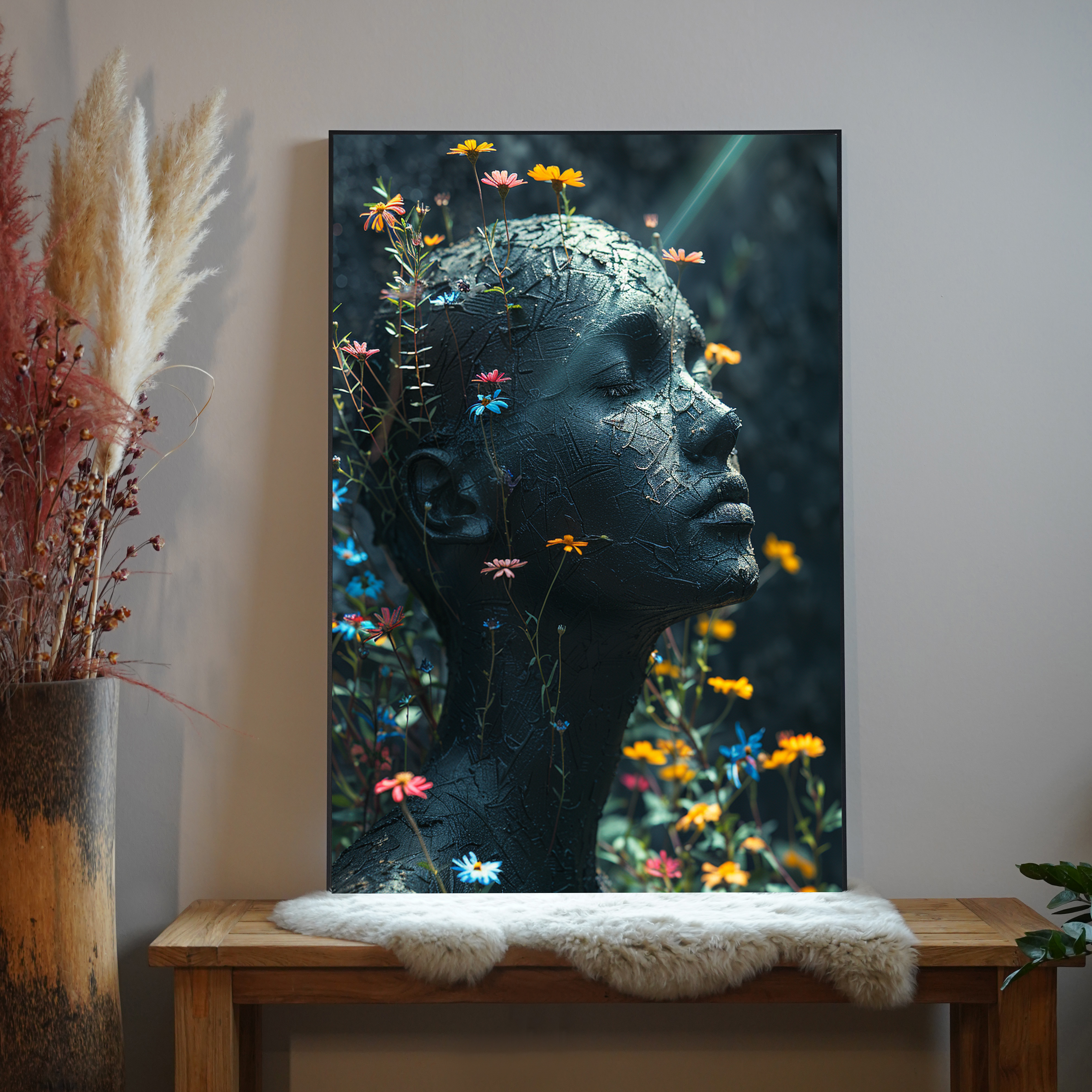 Schwarze Skulptur mit wachsenden Blumen 3 | LED Bild