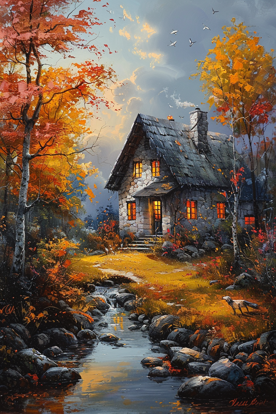 Hütte Idyllisch Ölgemälde 1 | LED Bild