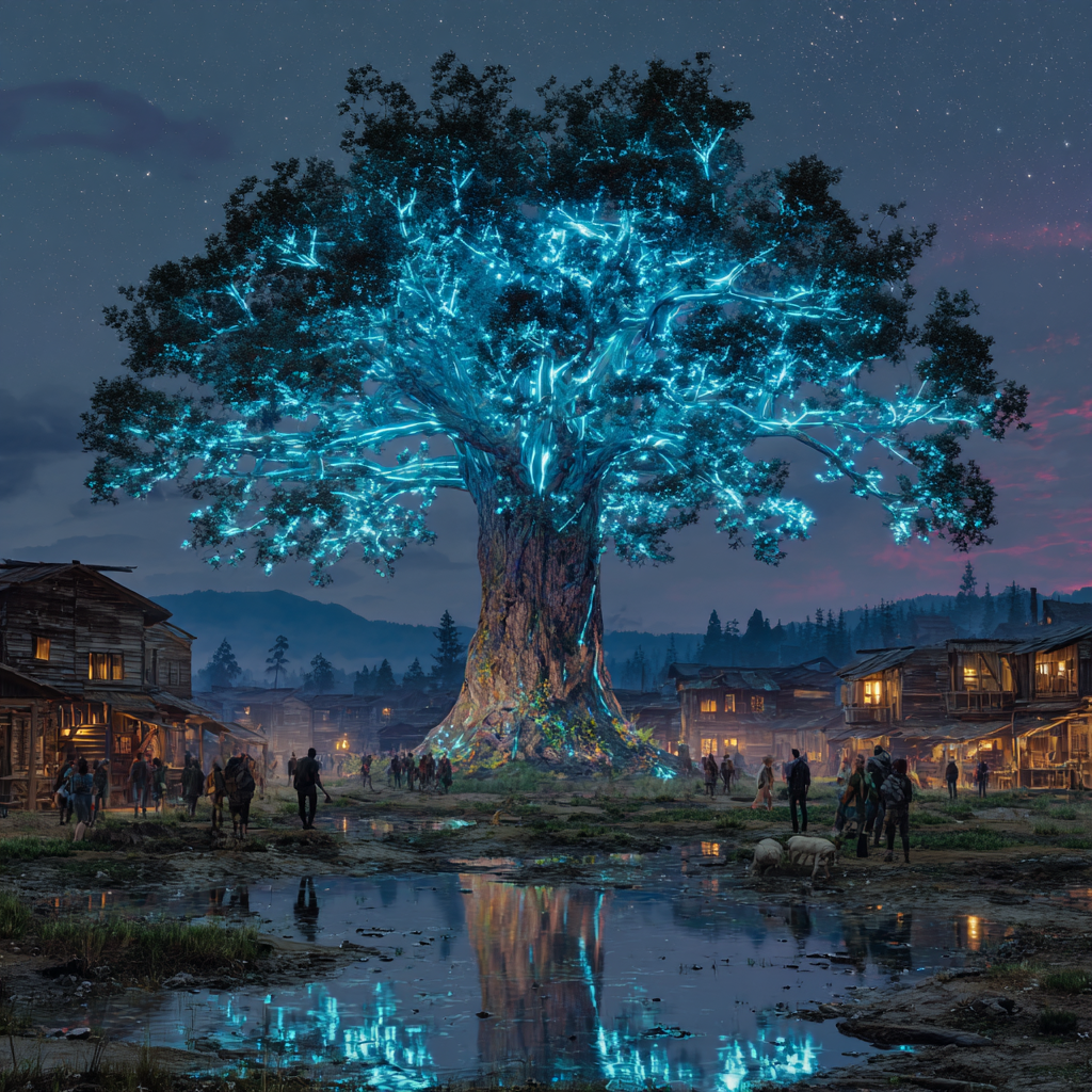 Apokalyptisches Dorf mit Fantasie Baum | LED Bild