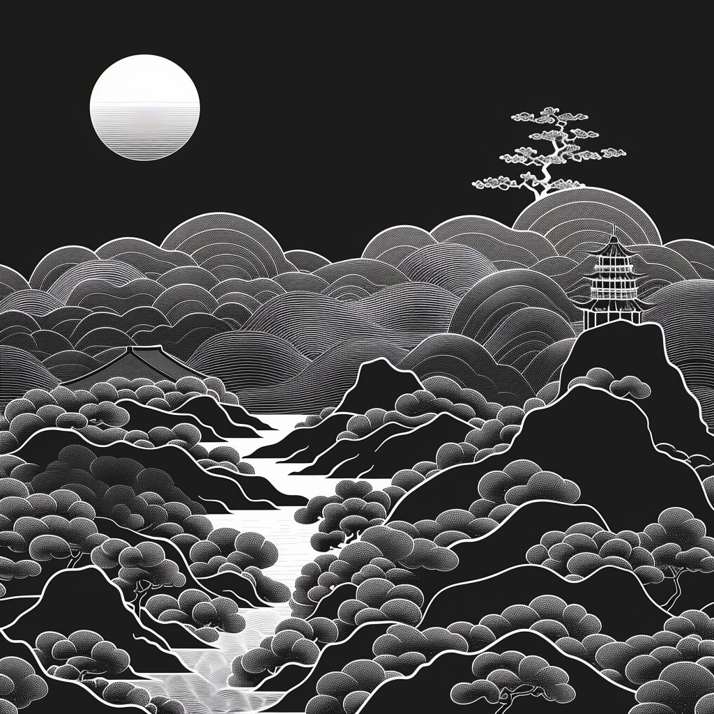 Asiatische Landschaft Schwarz 1 | LED Bild