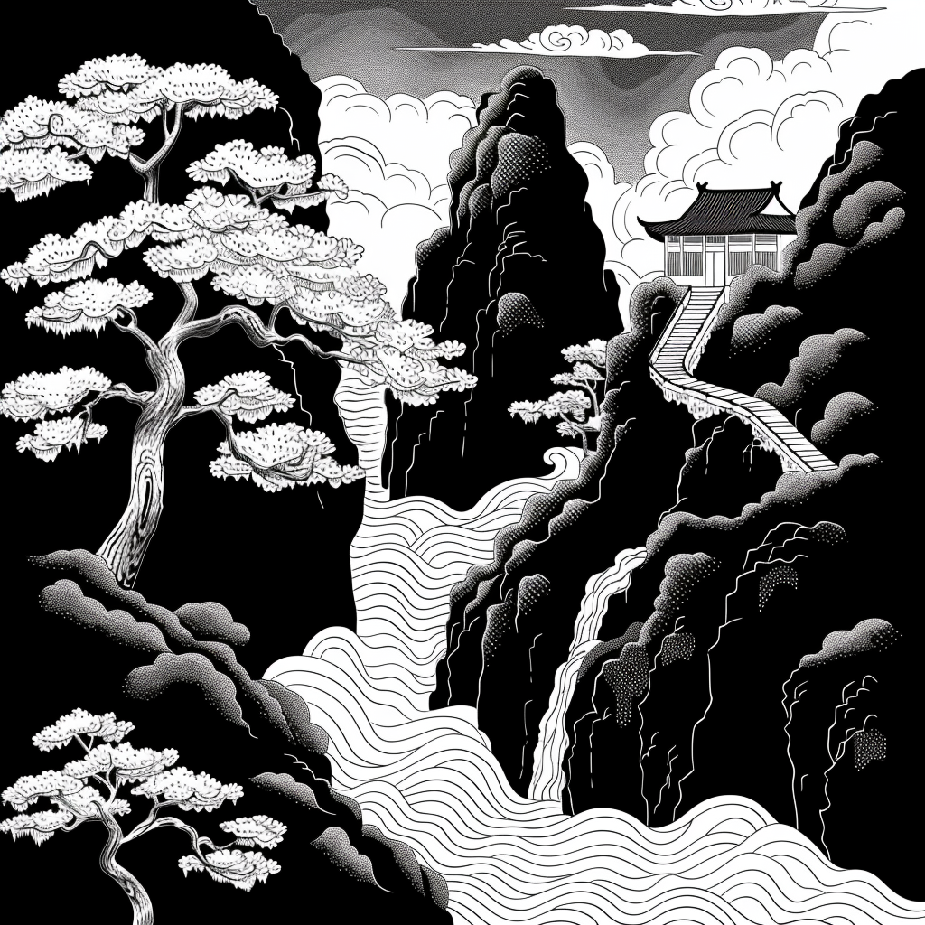 Asiatische Landschaft Schwarz 2 | LED Bild