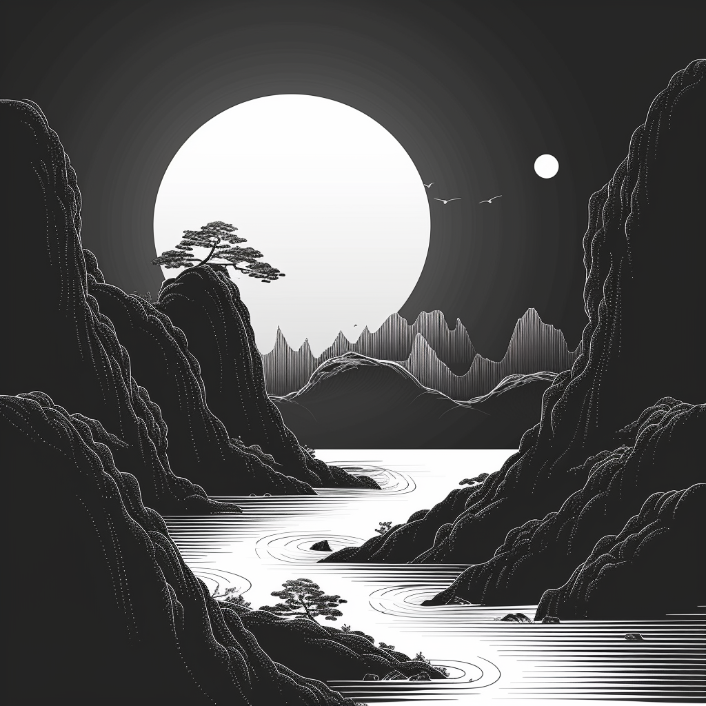 Asiatische Landschaft Schwarz 3 | LED Bild