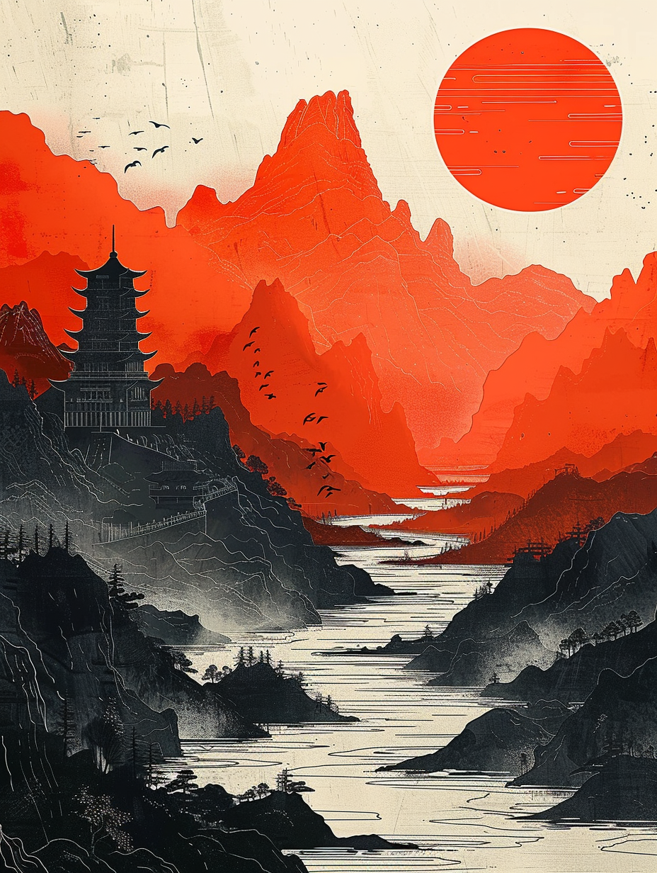 Asiatische Landschaft Rot 1 | LED Bild