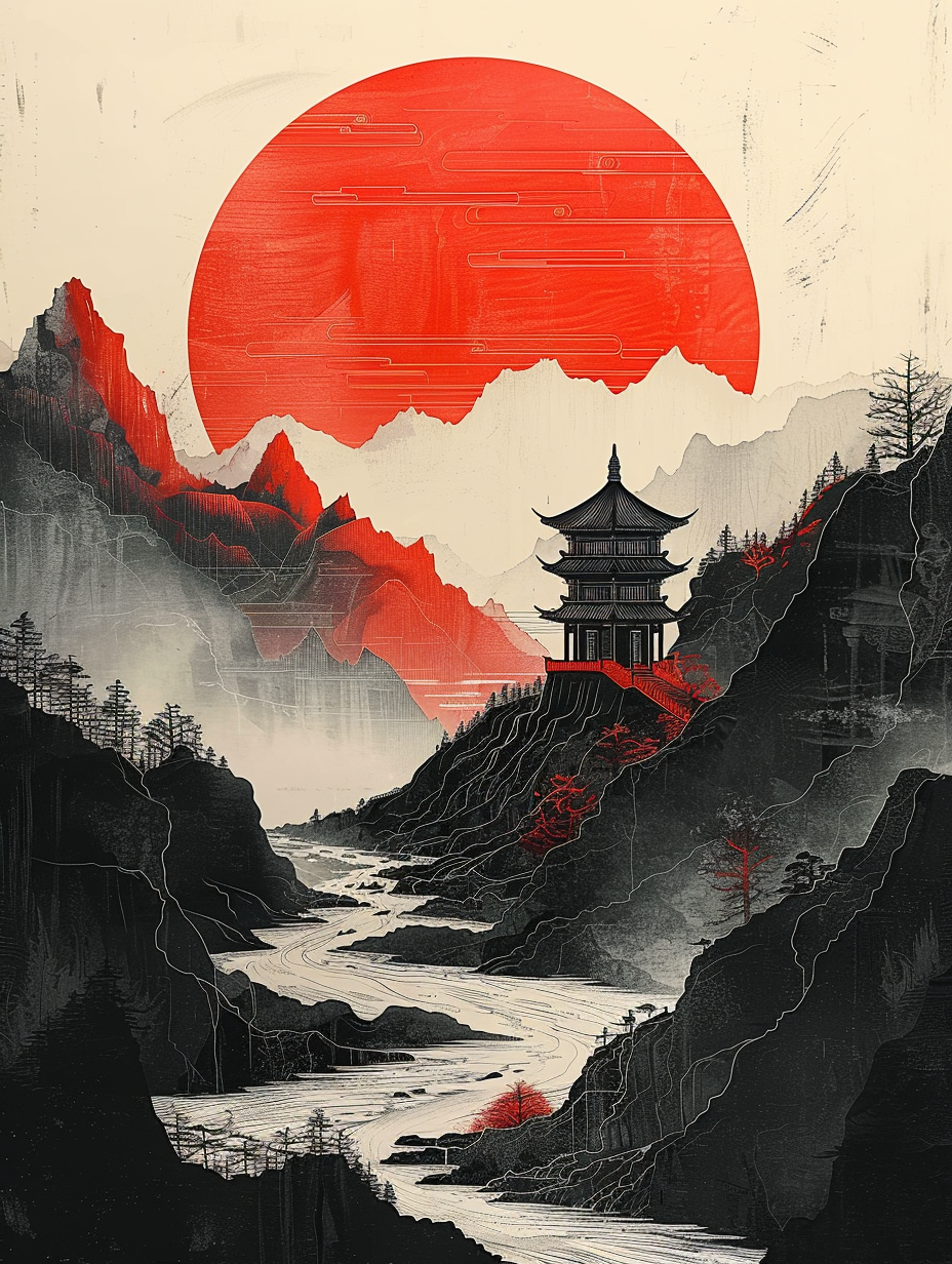 Asiatische Landschaft Rot 2 | LED Bild