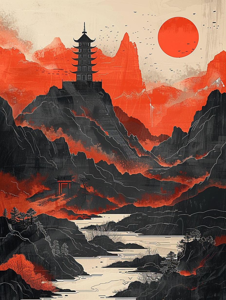 Asiatische Landschaft Rot 3 | LED Bild