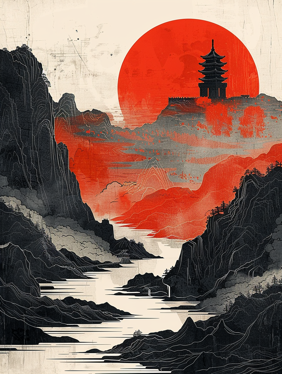 Asiatische Landschaft Rot 4 | LED Bild