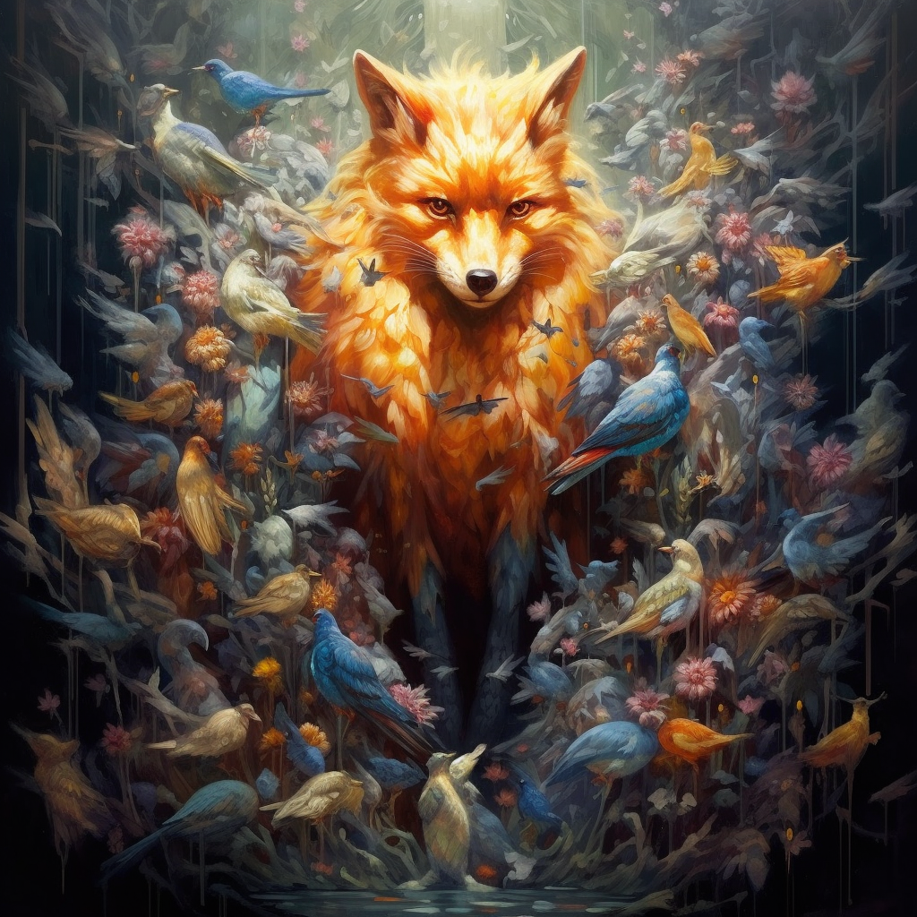 Fuchs mit Vögel Illustriert | LED Bild
