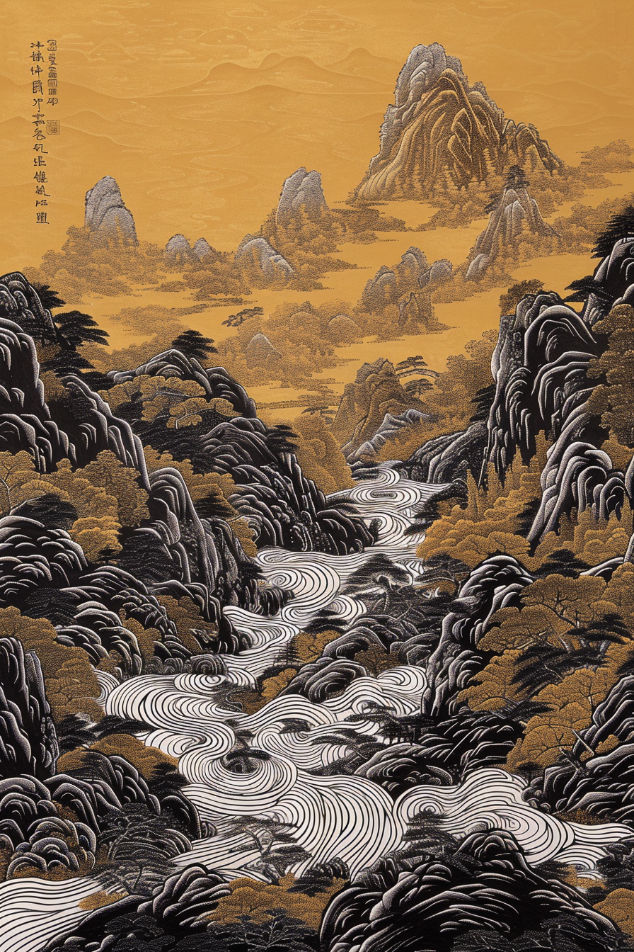 Asiatische Landschaft Gold 1 |LED Bild