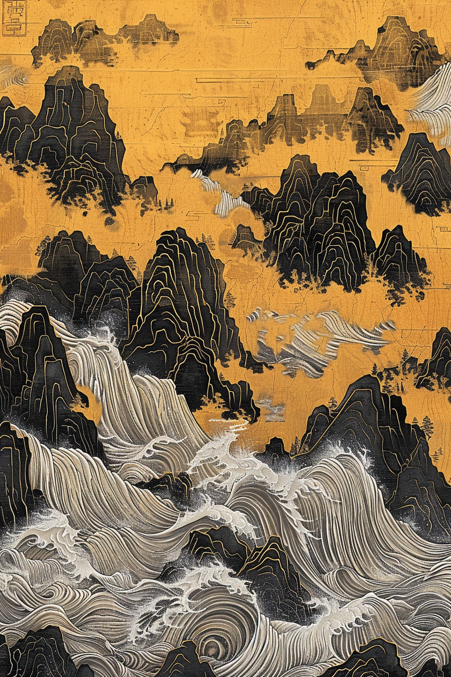 Asiatische Landschaft Gold 2 |LED Bild