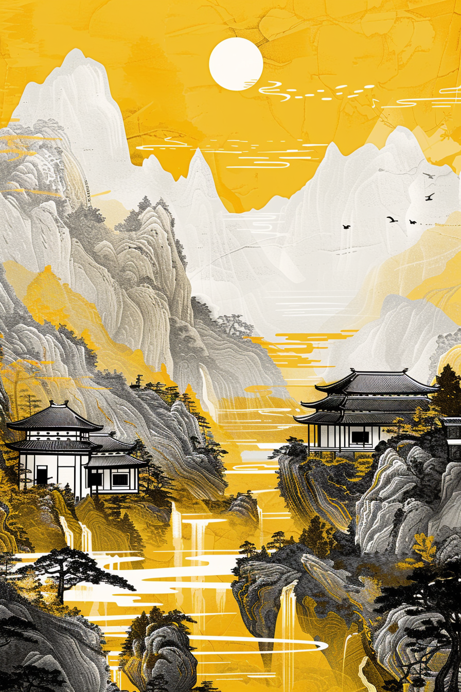 Asiatische Landschaft Gold 4 |LED Bild