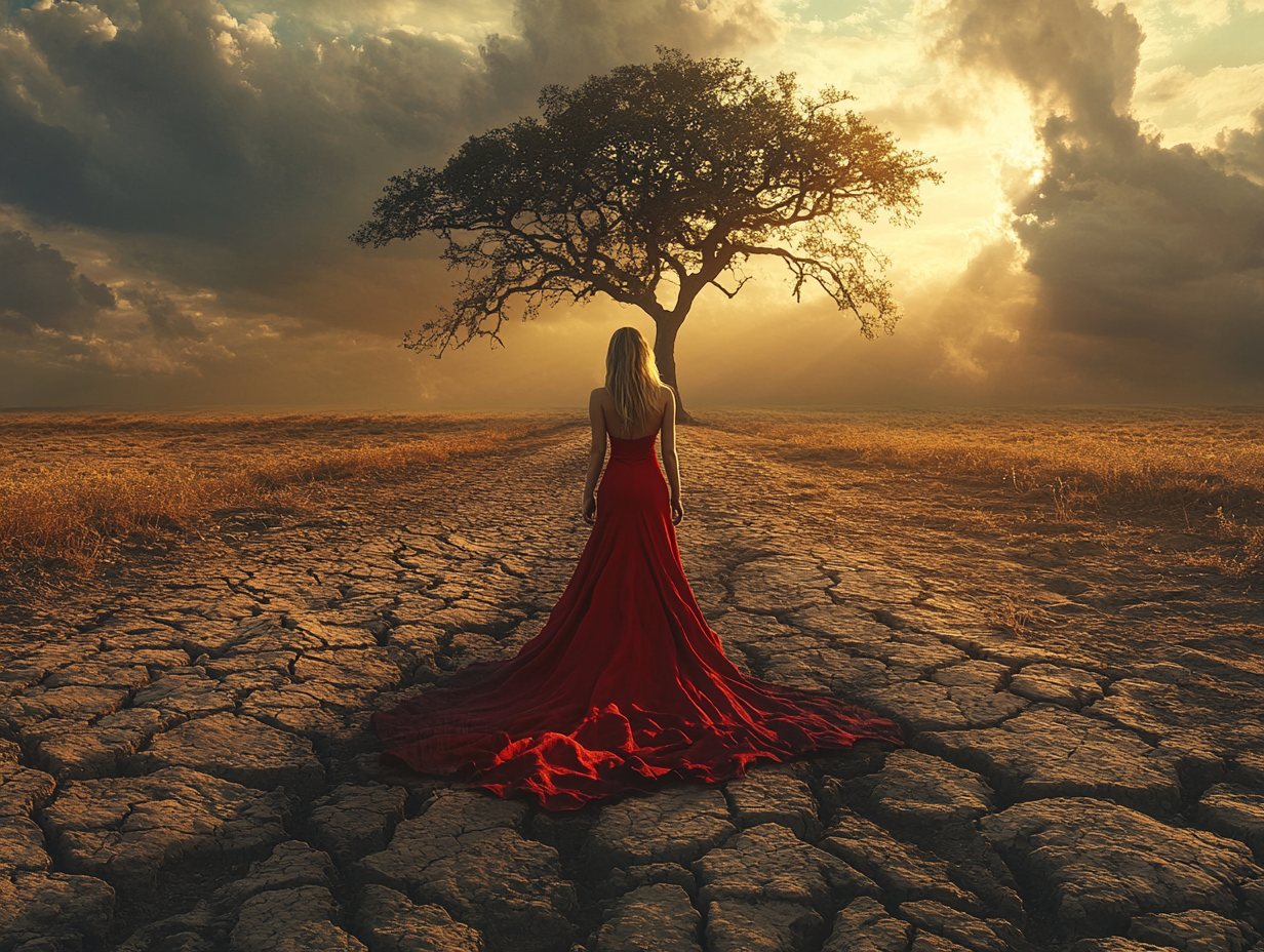 Rotes Kleid in Savanne | LED Bild