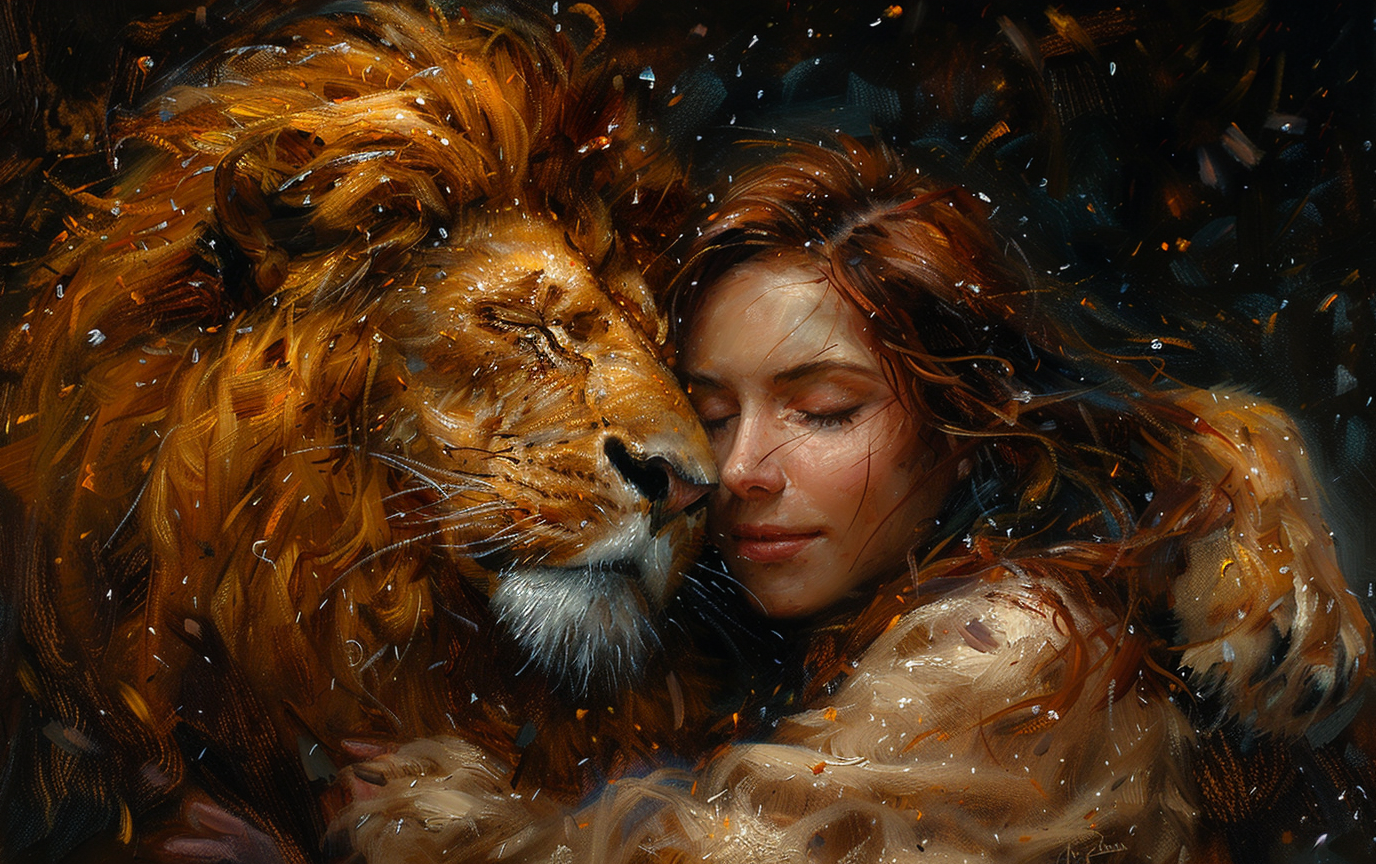 Löwe und Frau | LED Bild