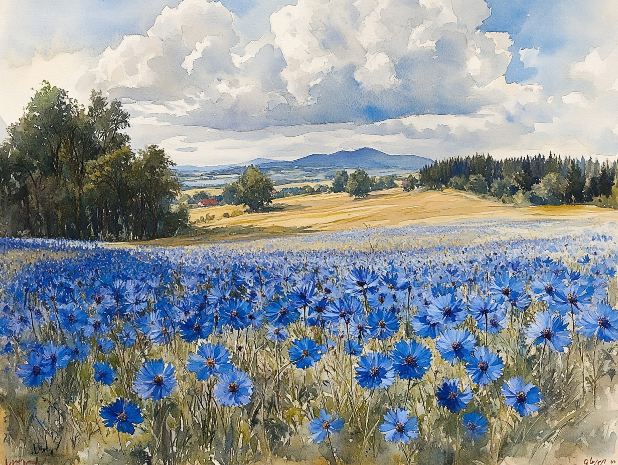 Blaue Blumenwiese Illustriert 1 | LED Bild