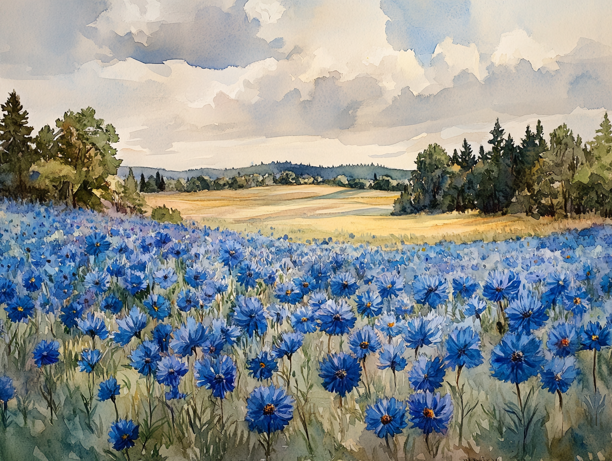 Blaue Blumenwiese Illustriert 3 | LED Bild