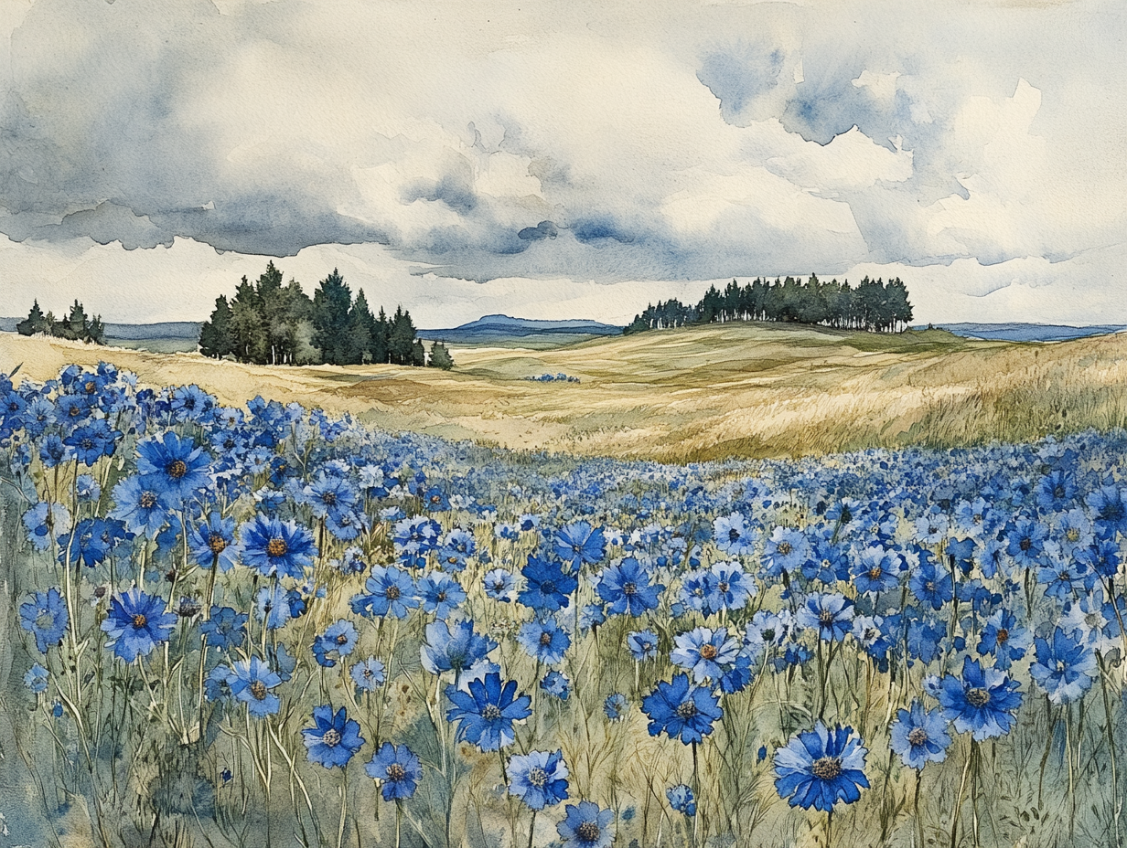 Blaue Blumenwiese Illustriert 4 | LED Bild