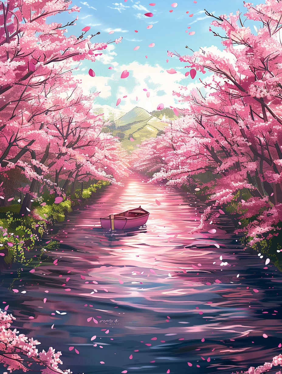 Kirschblüten Pink Bach Illustriert | LED Bild