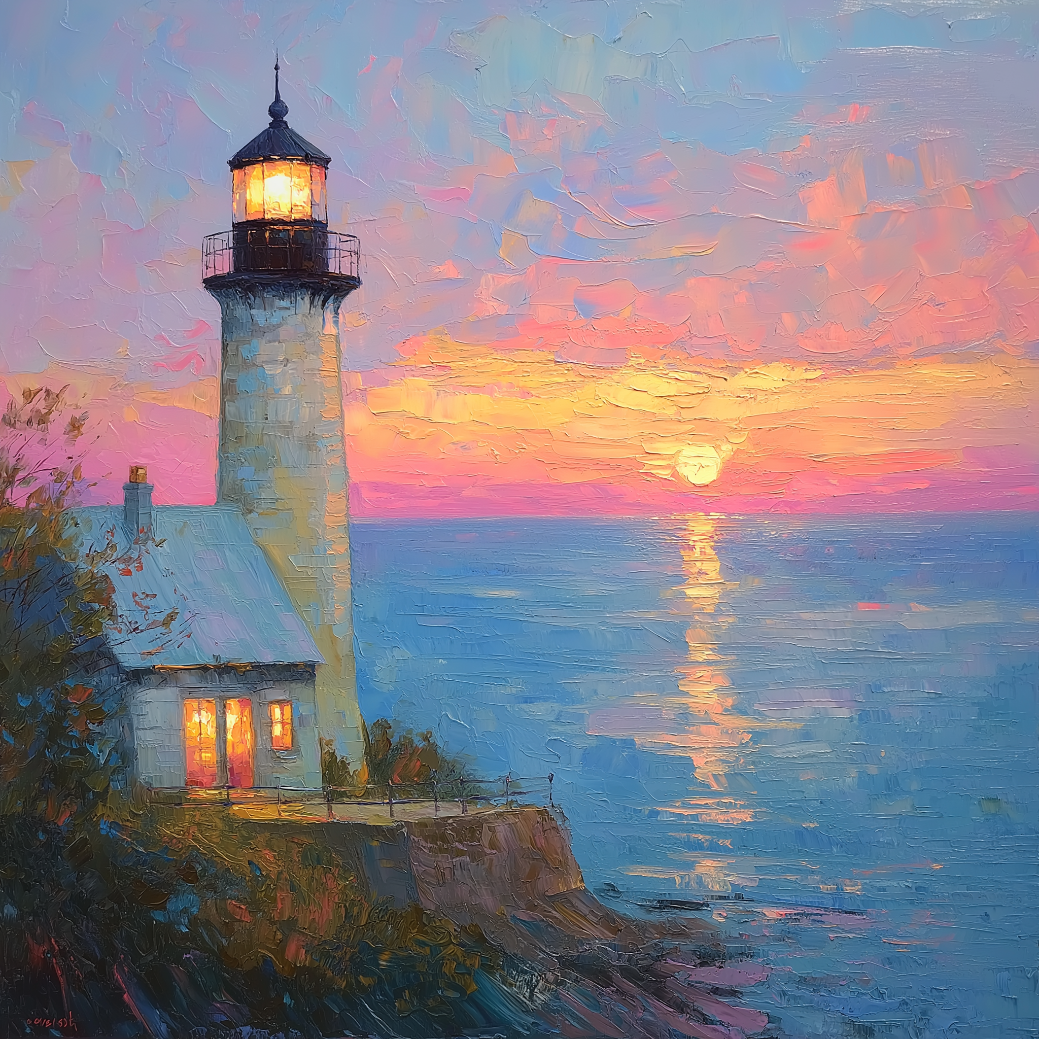 Ölgemälde Leuchtturm Sonnenuntergang | LED Bild