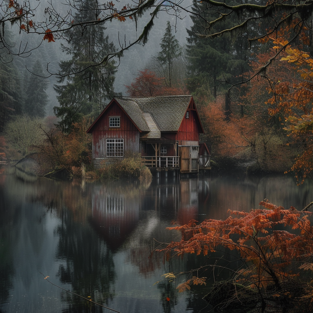 Hütte Spiegelung Wald | LED Bild