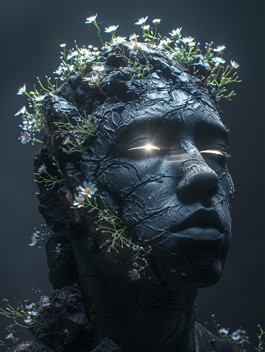 Schwarze Skulptur mit wachsenden Blumen 1 | LED Bild