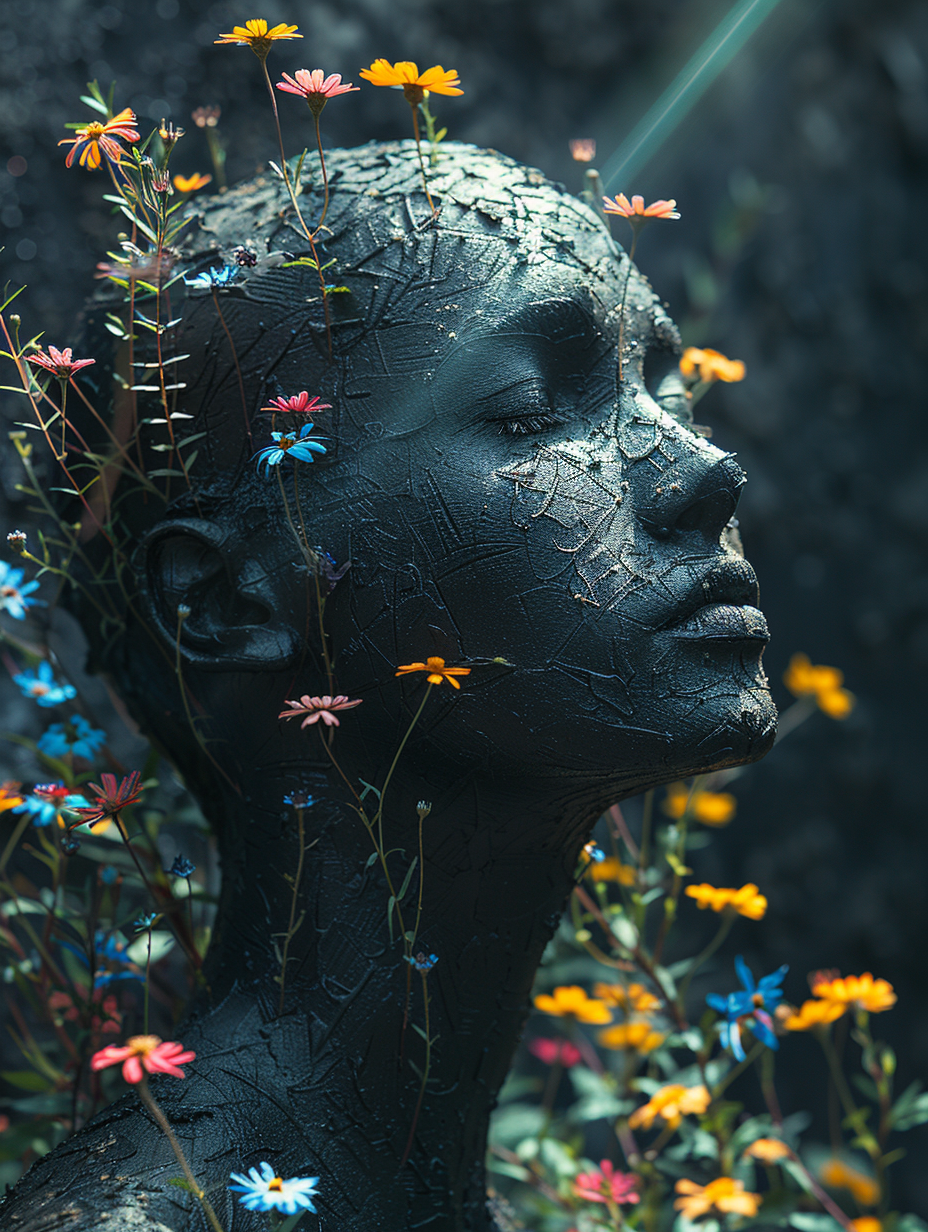 Schwarze Skulptur mit wachsenden Blumen 3 | LED Bild