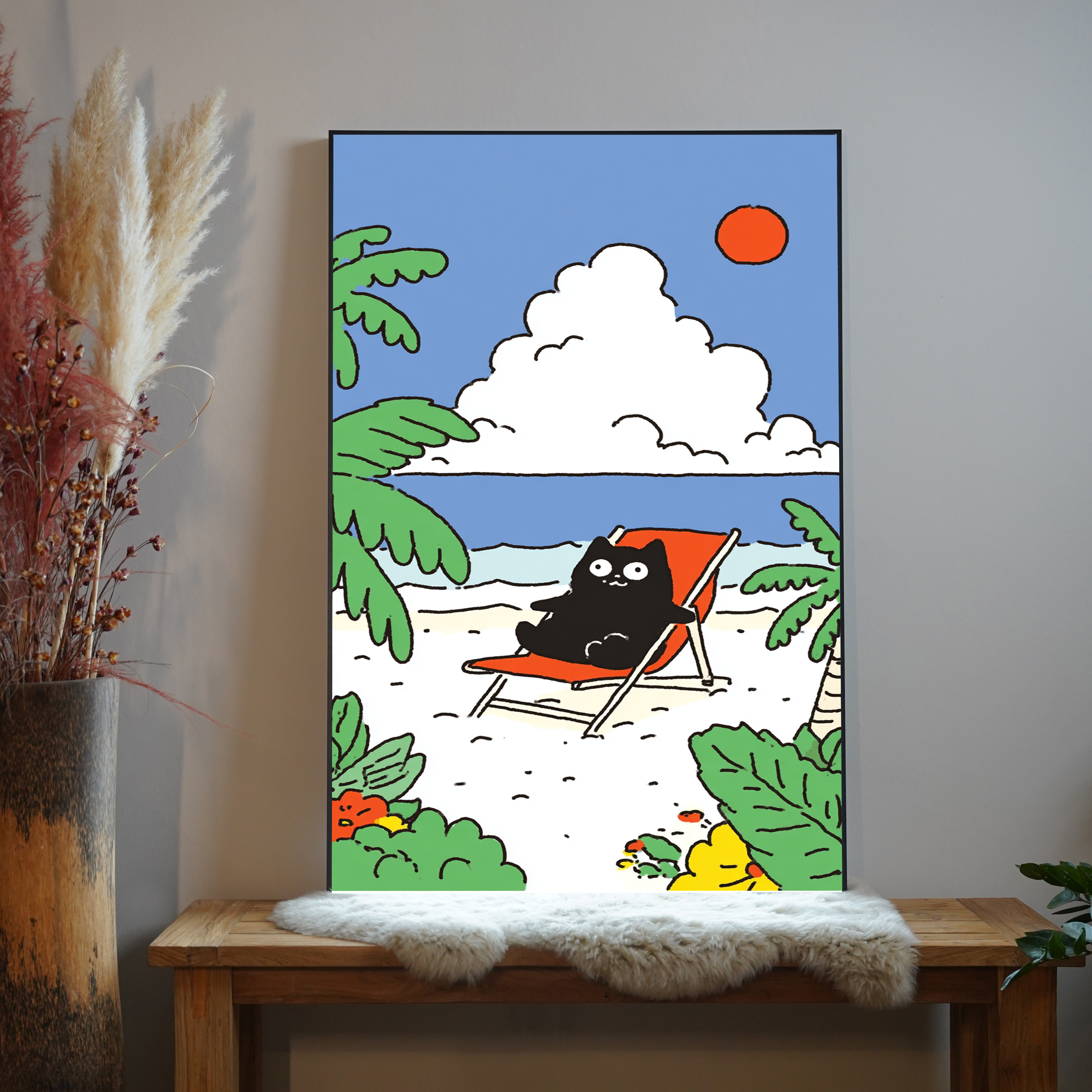 Katze am Strand Illustriert 3 | LED Bild