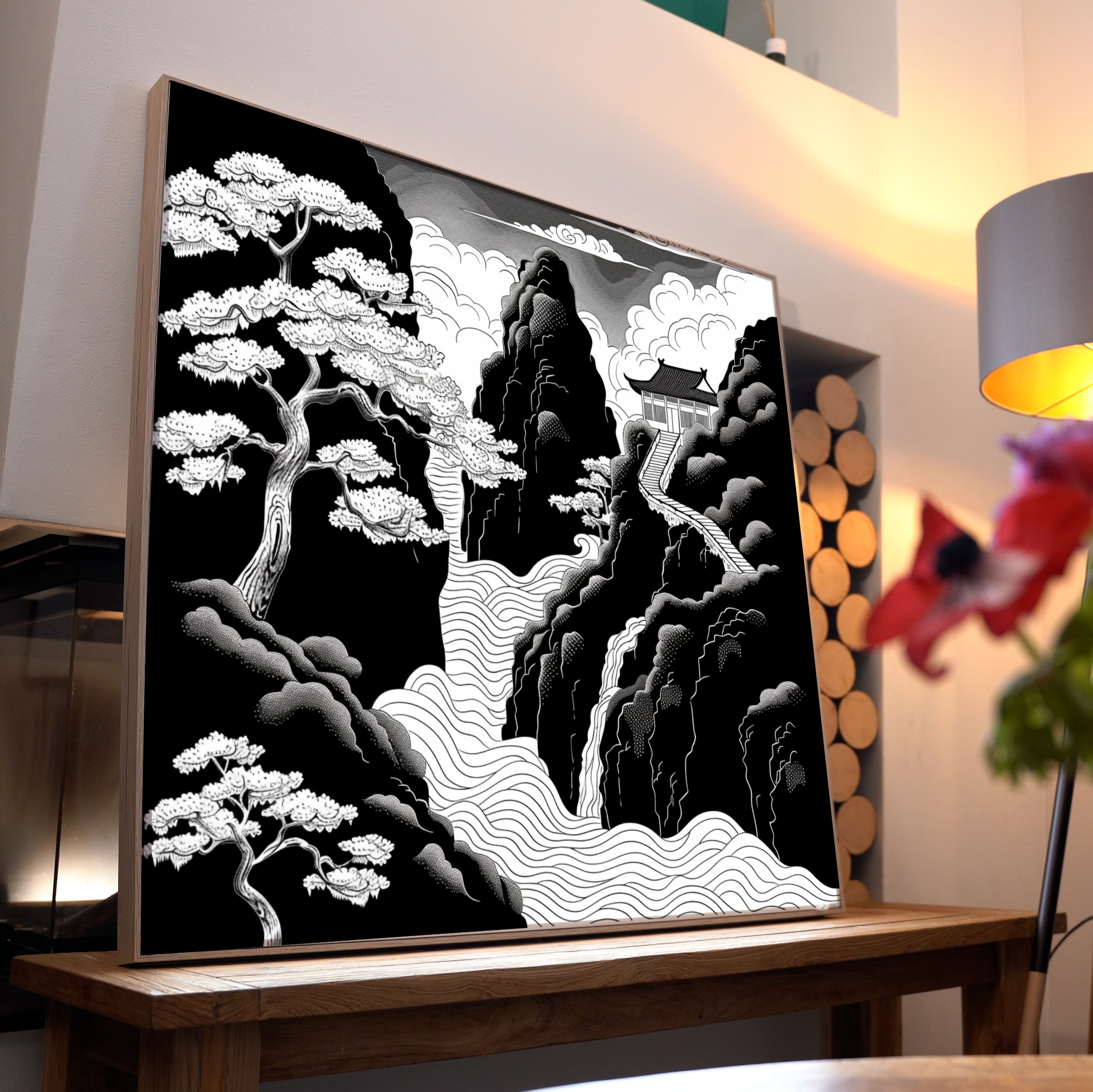 Asiatische Landschaft Schwarz 2 | LED Bild