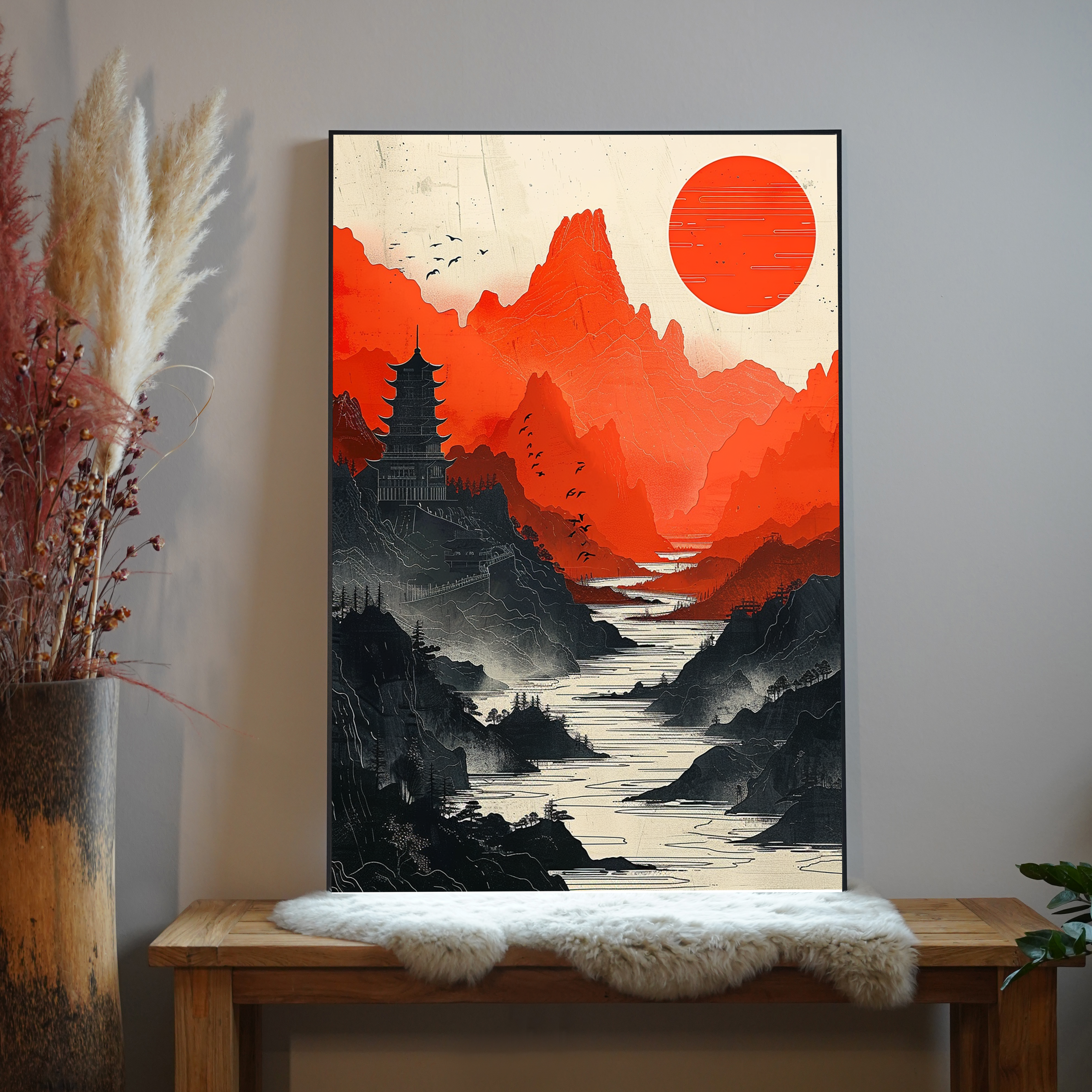 Asiatische Landschaft Rot 1 | LED Bild