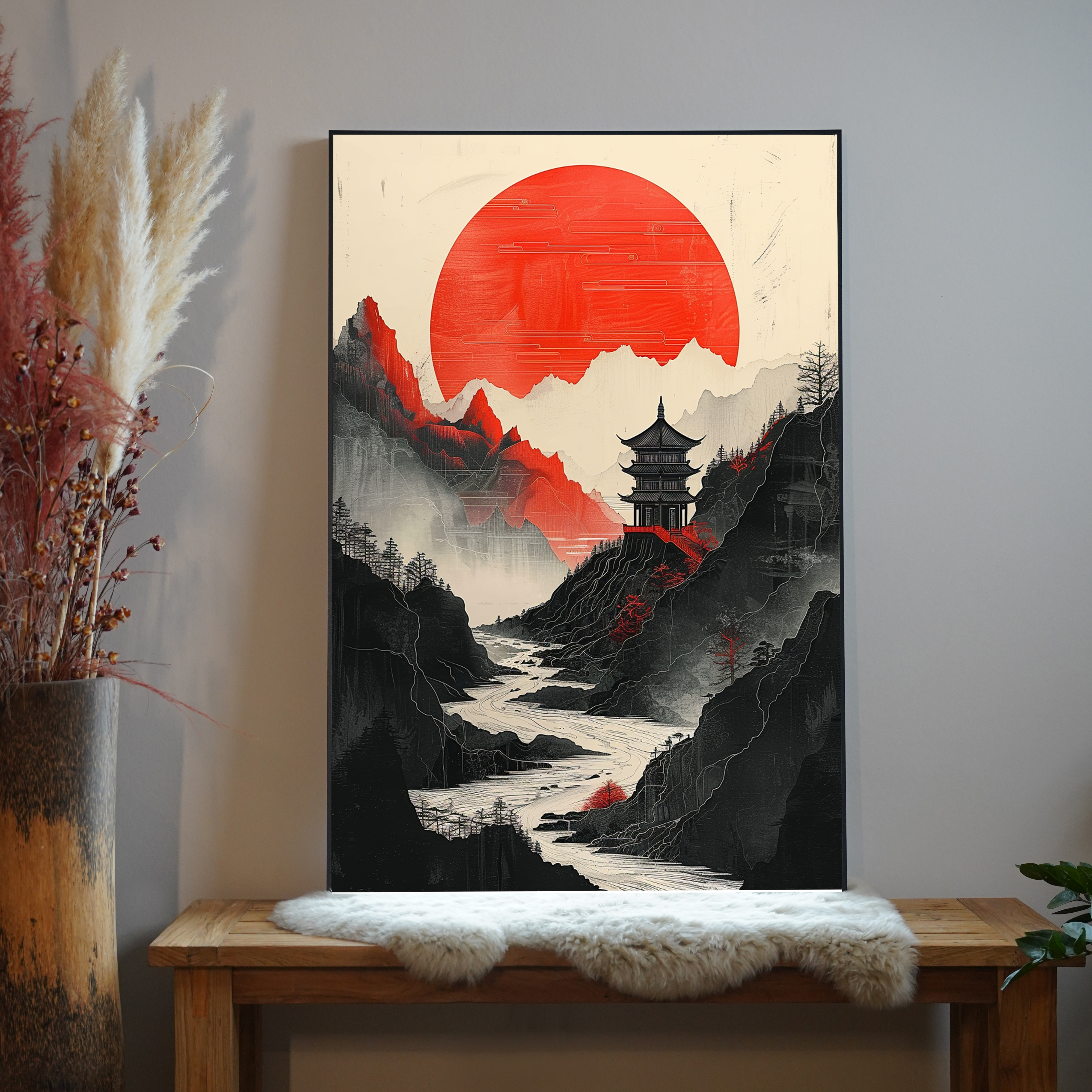 Asiatische Landschaft Rot 2 | LED Bild