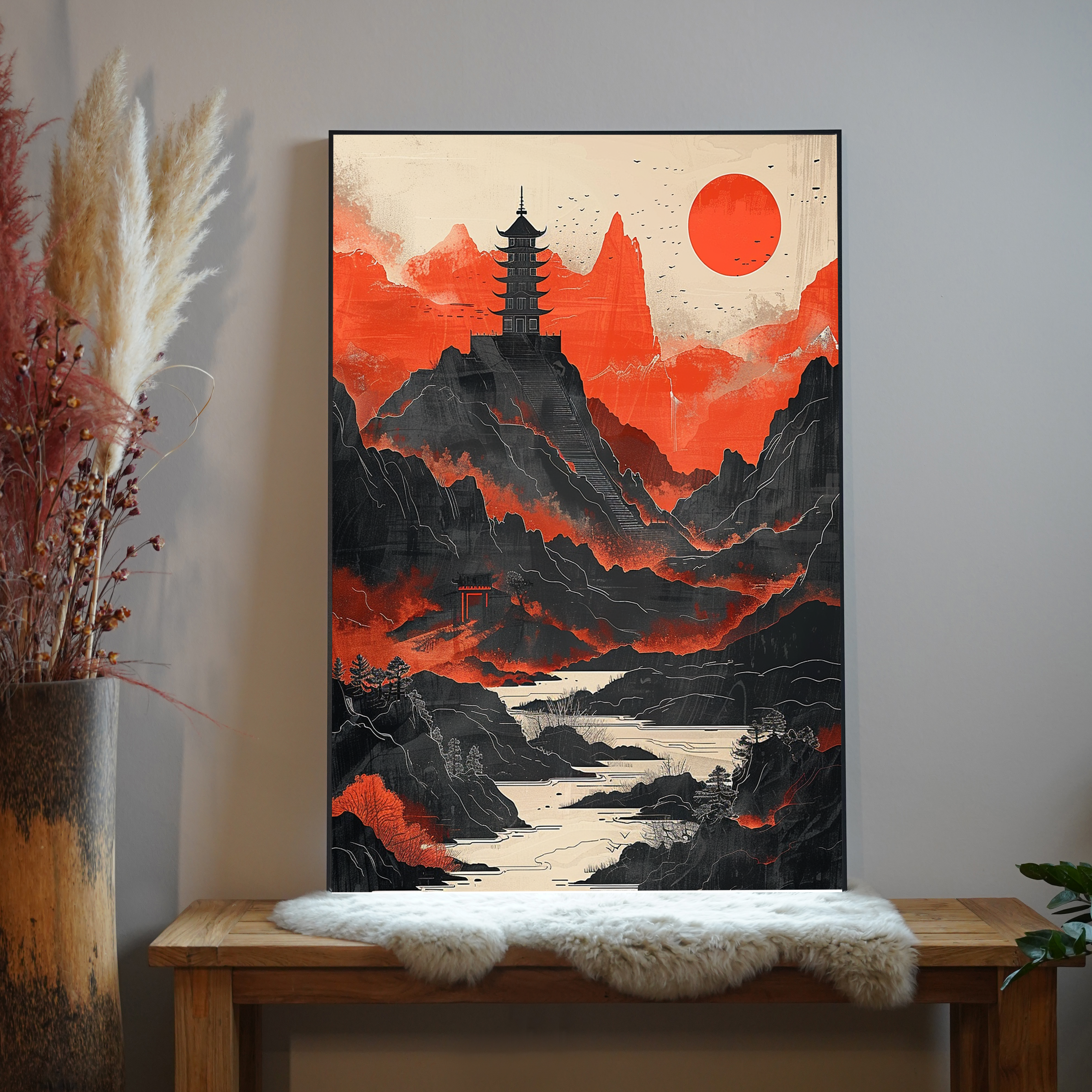 Asiatische Landschaft Rot 3 | LED Bild