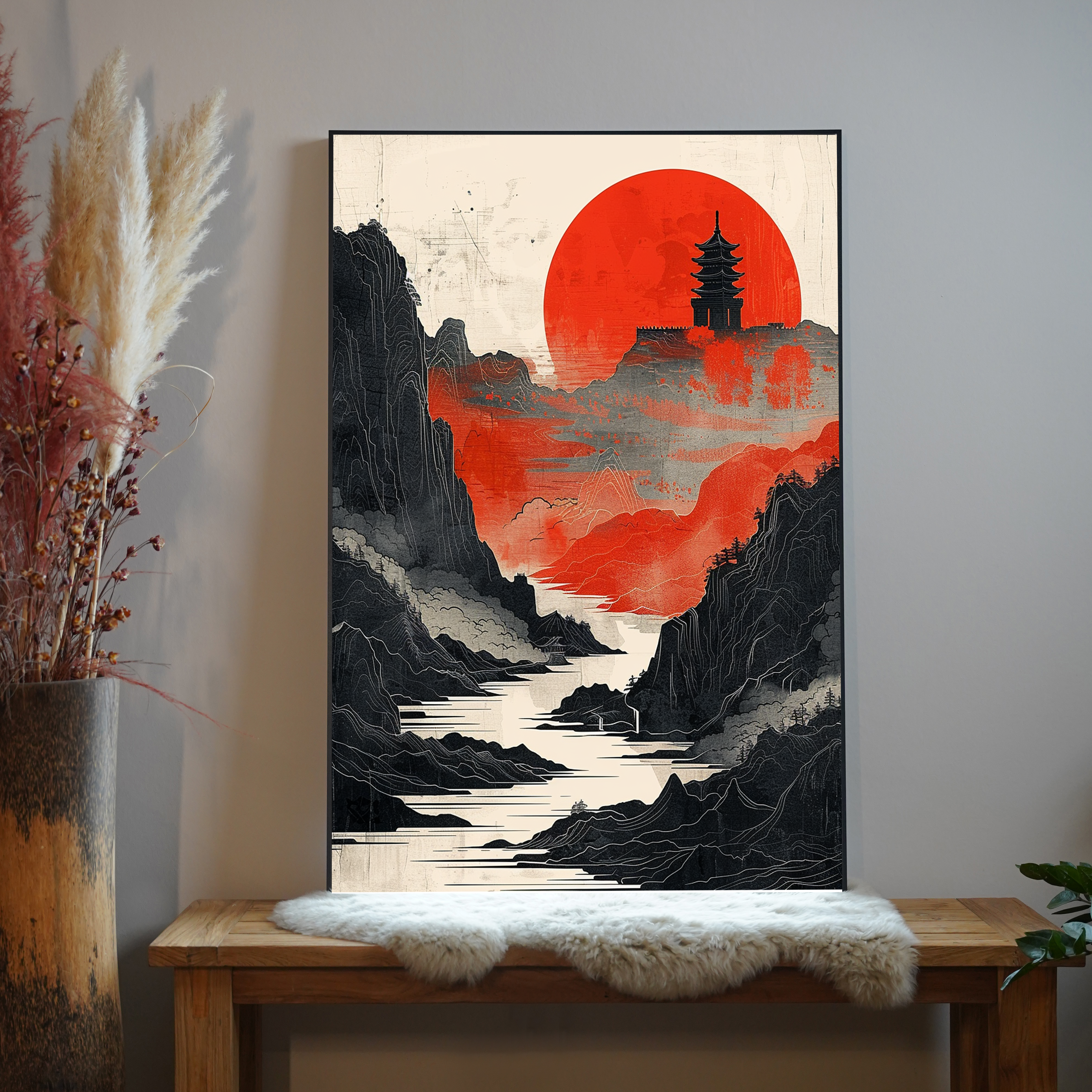 Asiatische Landschaft Rot 4 | LED Bild