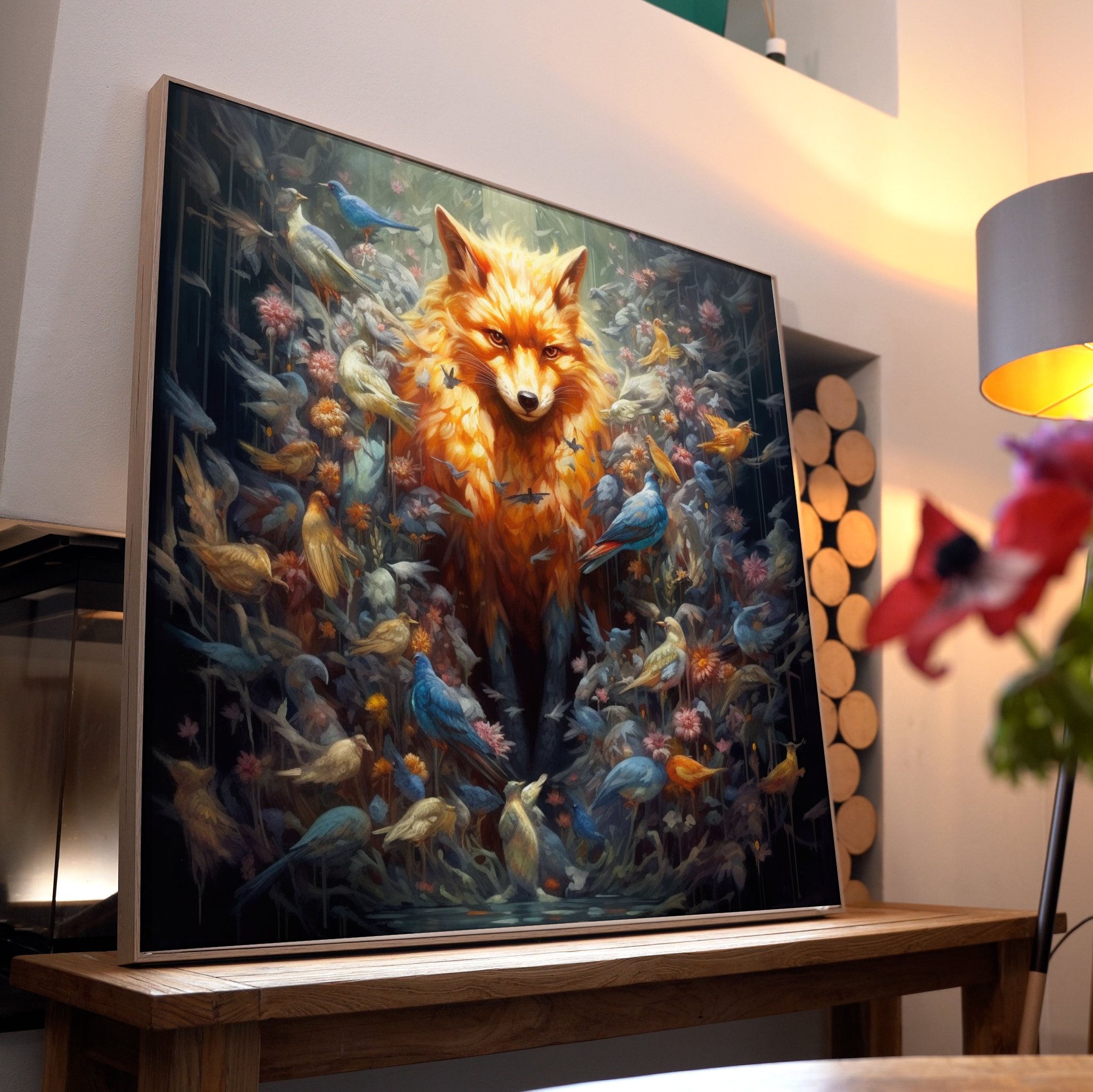 Fuchs mit Vögel Illustriert | LED Bild