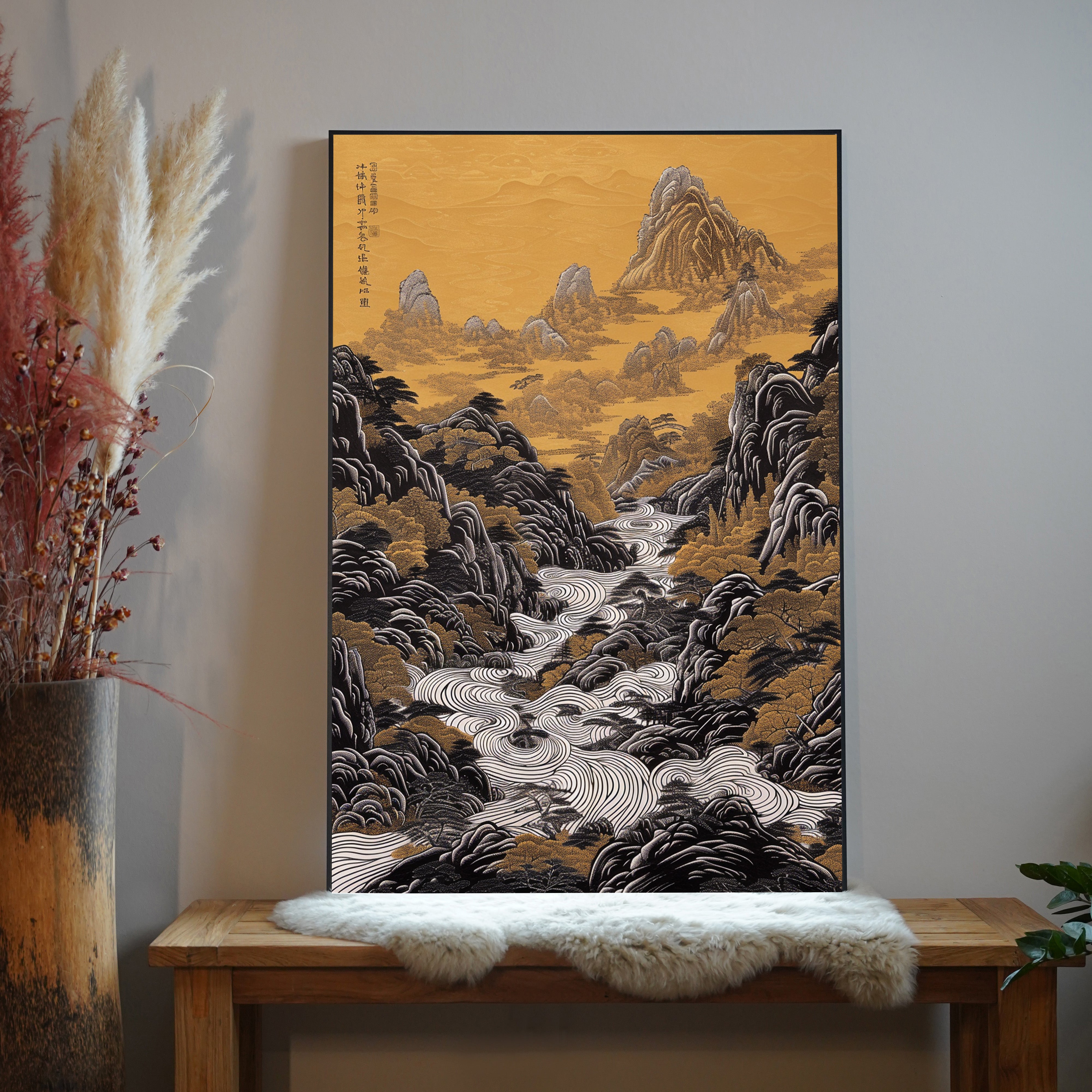 Asiatische Landschaft Gold 1 |LED Bild