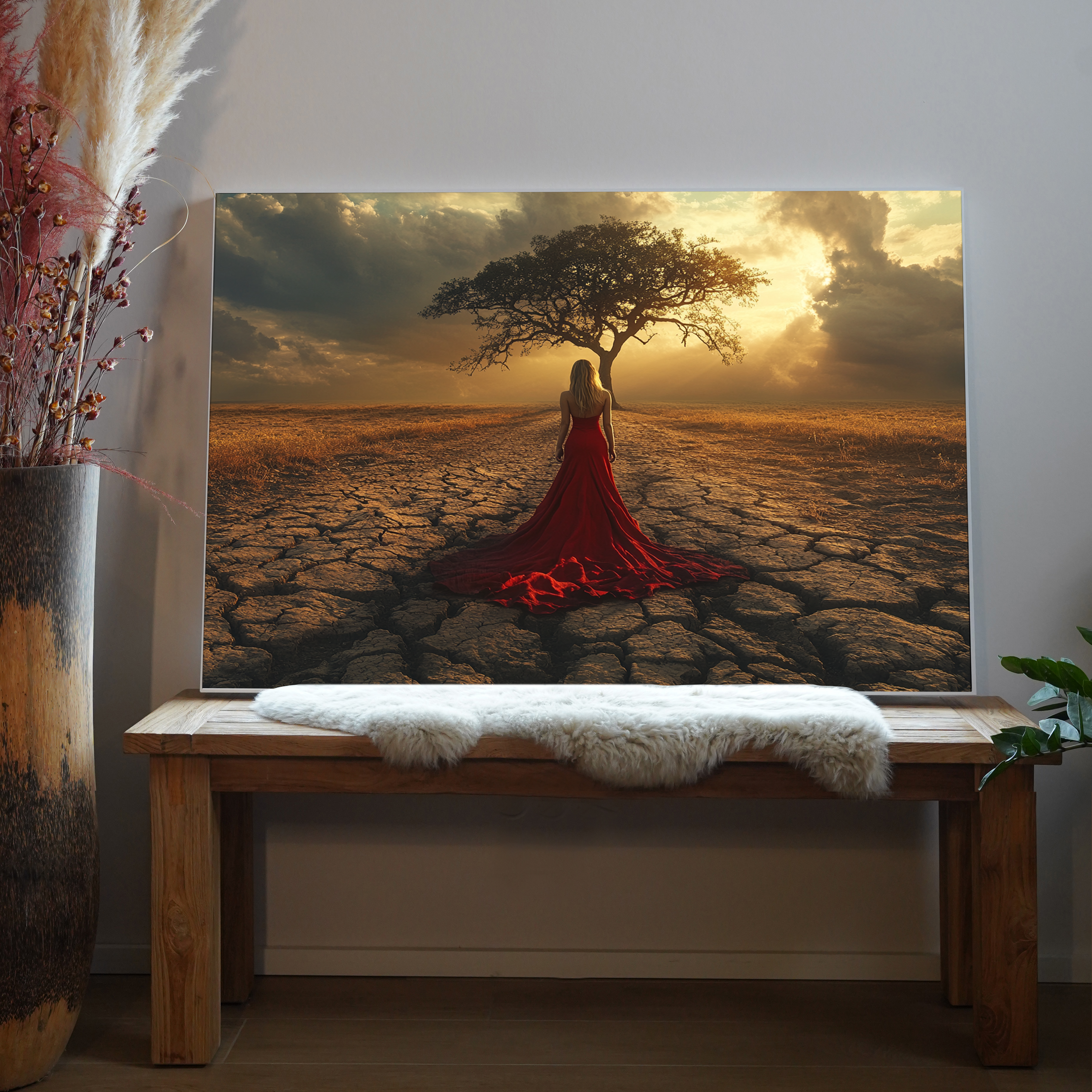 Rotes Kleid in Savanne | LED Bild