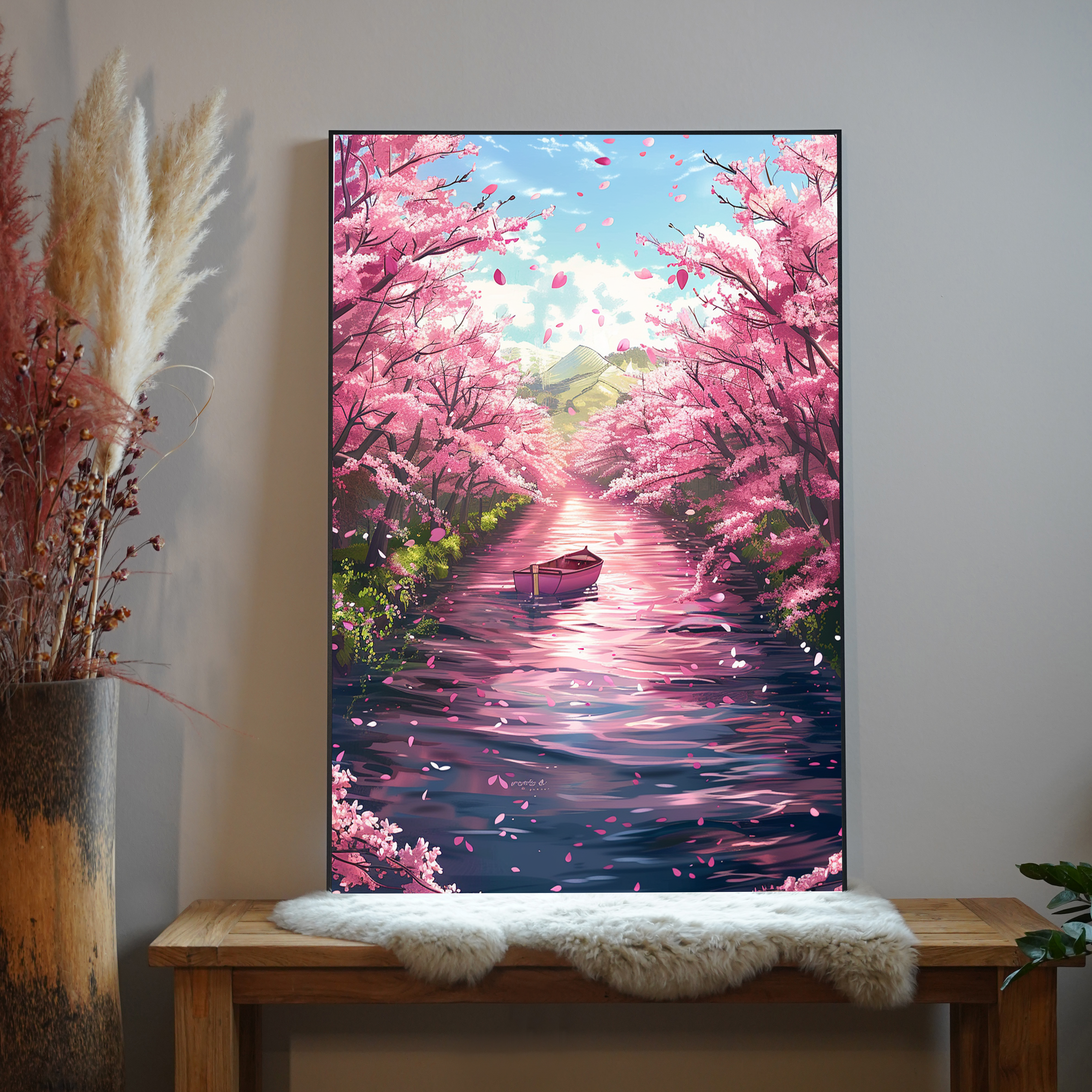 Kirschblüten Pink Bach Illustriert | LED Bild