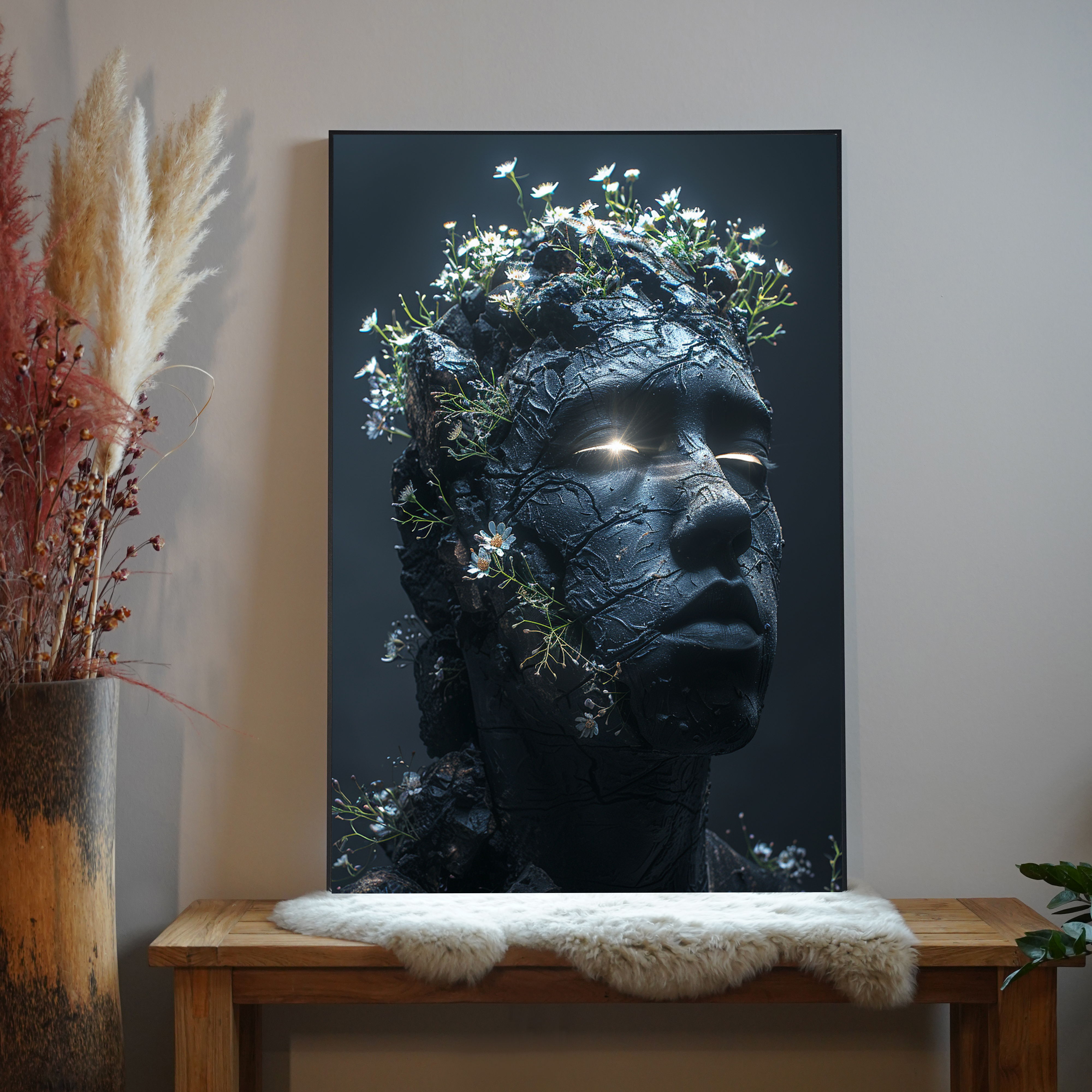 Schwarze Skulptur mit wachsenden Blumen 1 | LED Bild