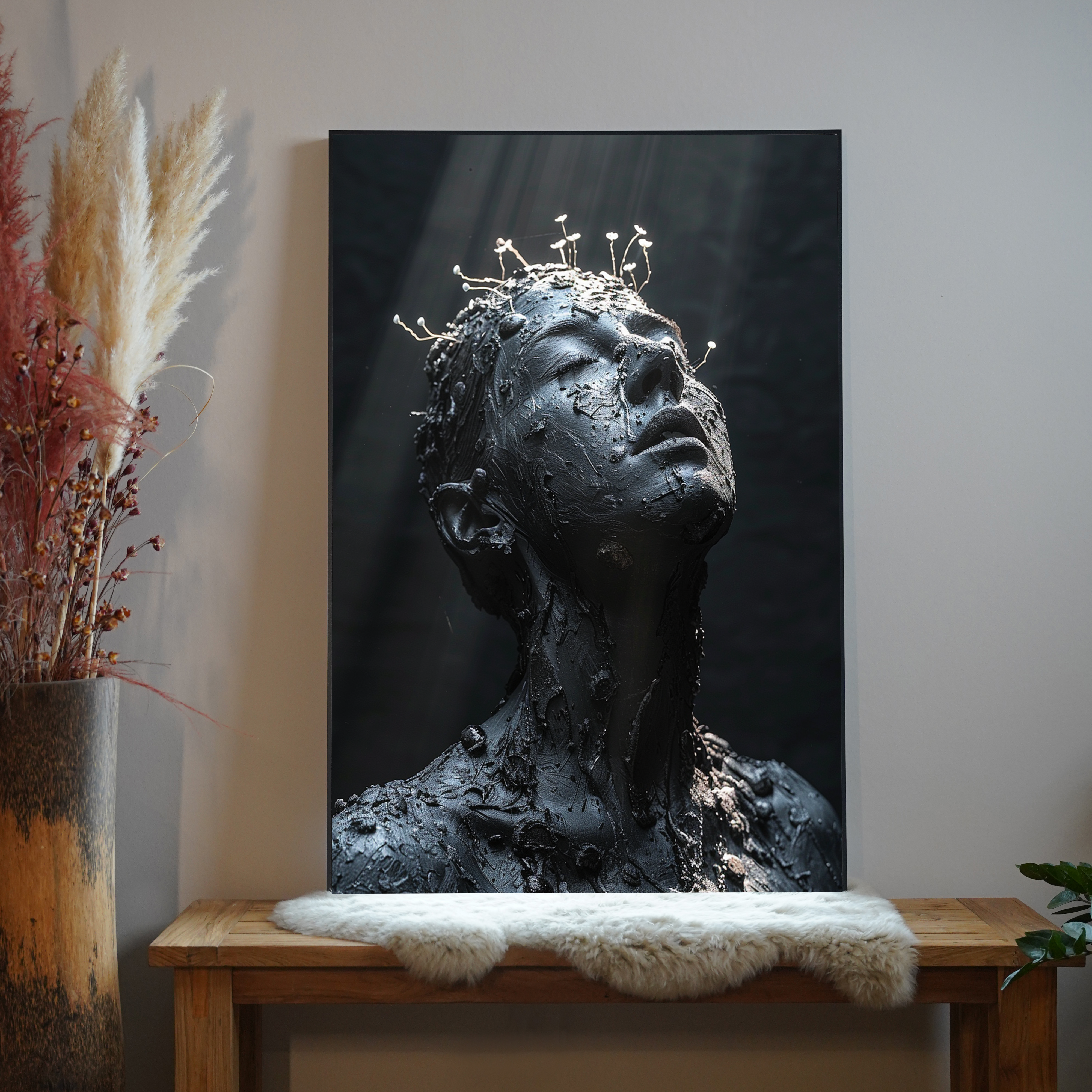 Schwarze Skulptur mit wachsenden Blumen 2 | LED Bild