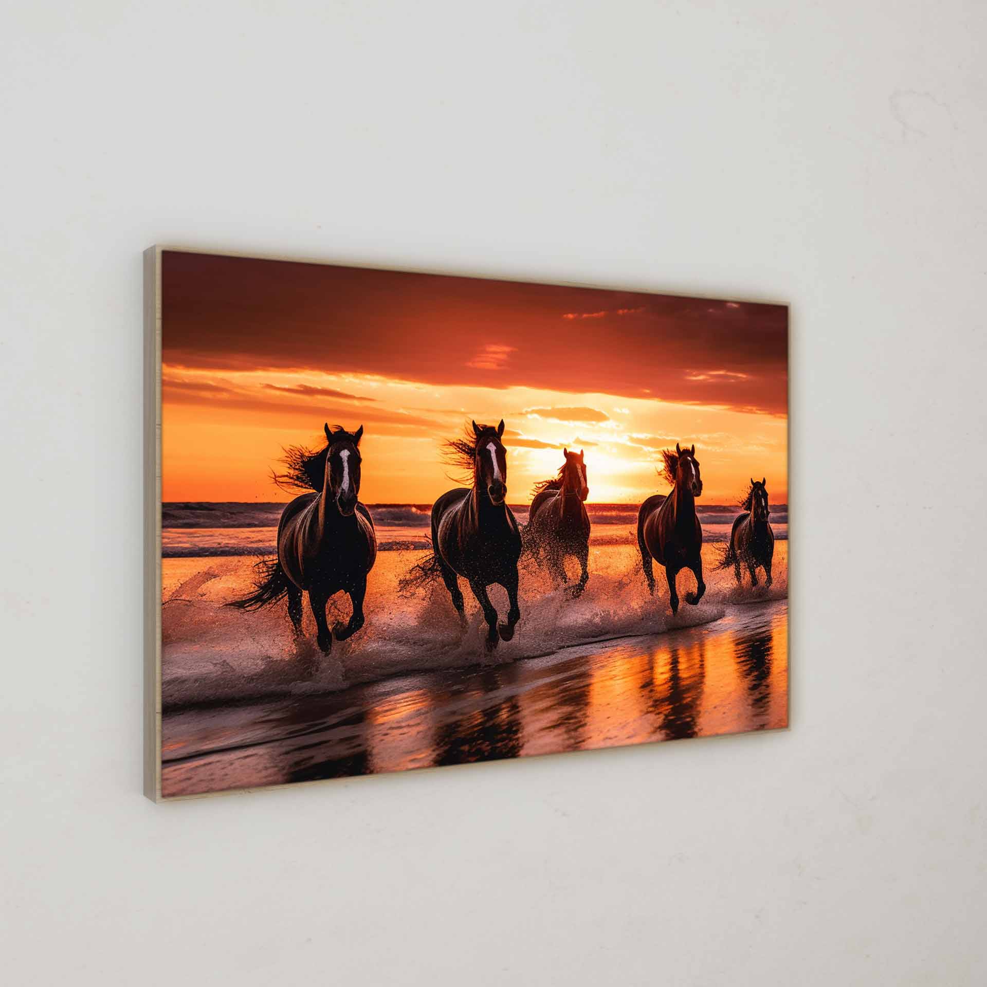 Tierfotografie | Pferde am Strand während des Sonnenunterganges | LED Bild
