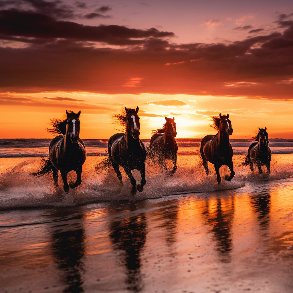Tierfotografie | Pferde am Strand während des Sonnenunterganges | LED Bild